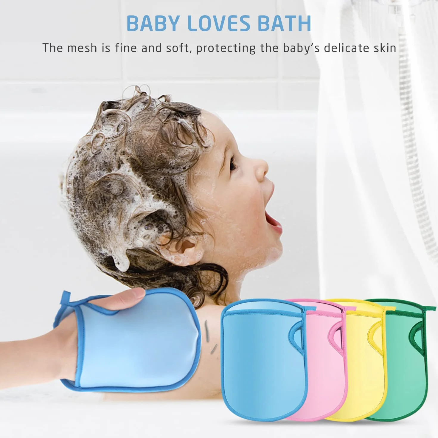 4 Gants de Bain Super Doux et Exfoliants, Avec Crochets et Sacs de Rangement, Gants en Eponge de Bain, Gants de Bain Indolores, Adaptés aux Adultes et aux Enfants