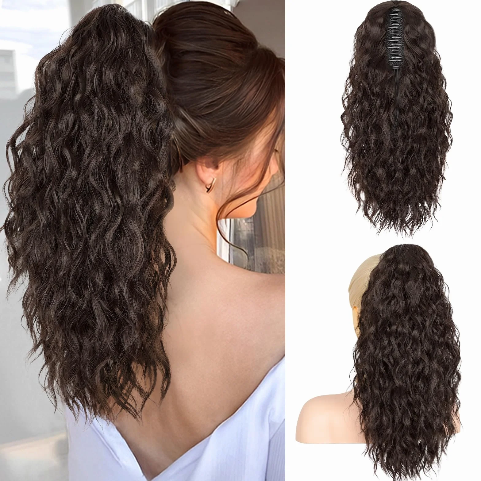 RONTAYA Extension Cheveux Naturel Clip - Postiche Cheveux Naturel Synthétique de, Multi couches duveux épais ondulé en fausses queues de poney cheveux Naturel Synthétique Brun foncé 46 cm