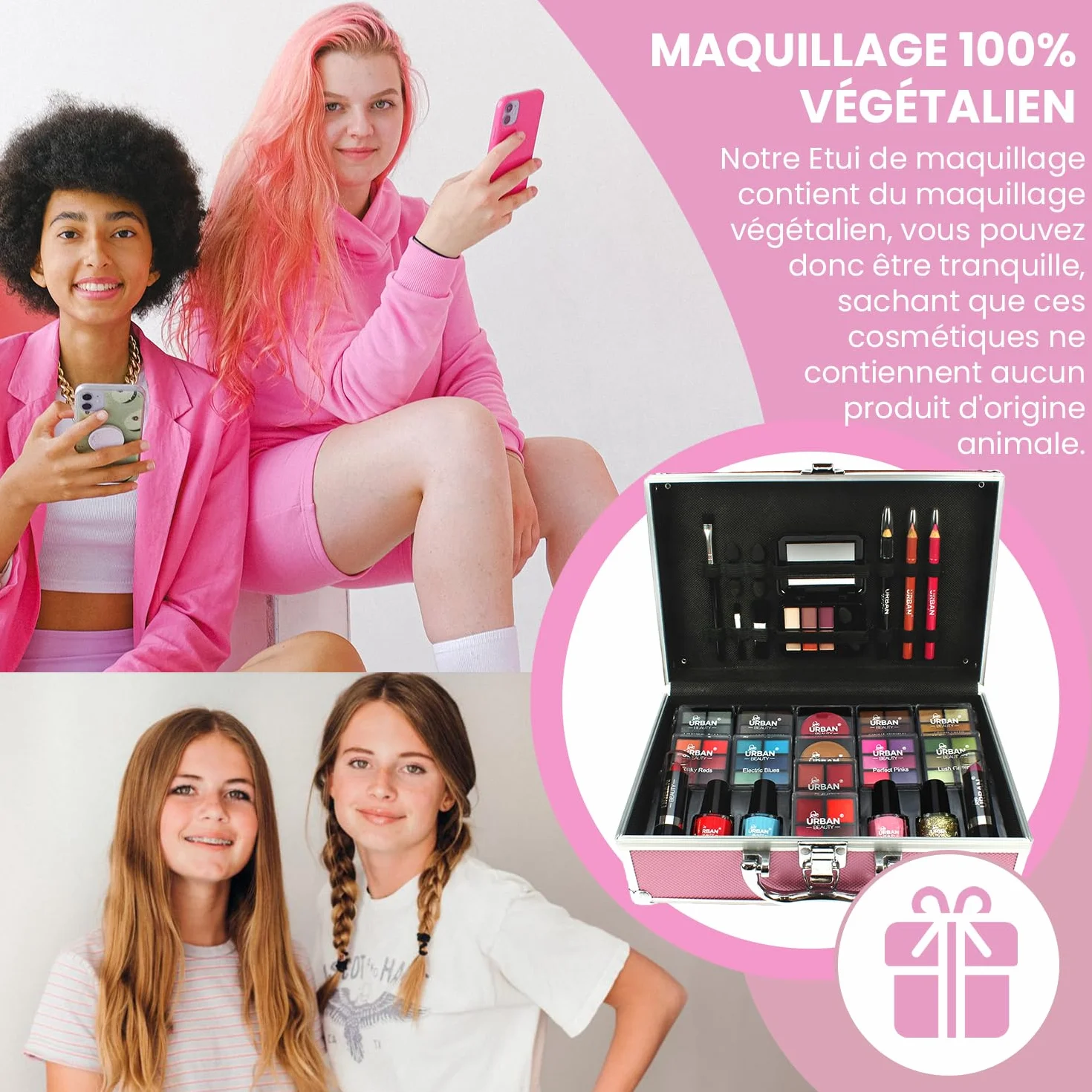 LOVE URBAN BEAUTY Végétalien Trousse maquillage rose vif - Kit maquillage 82 pièces adolescentes et femmes avec ombres à paupières, fards, rouges à lèvres et produits pour les ongles