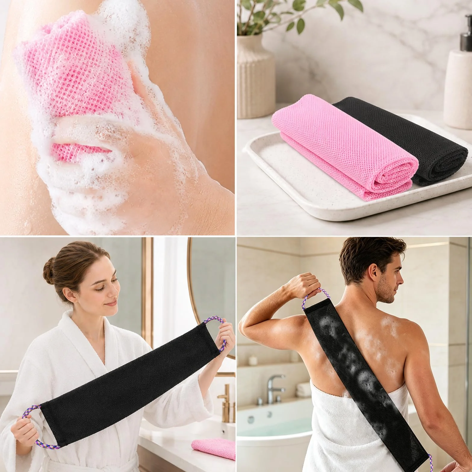 Serviette Exfoliante Réutilisable Filet de Douche Africain Nylon Résistant pour Corps Femmes Hommes Noir Rose