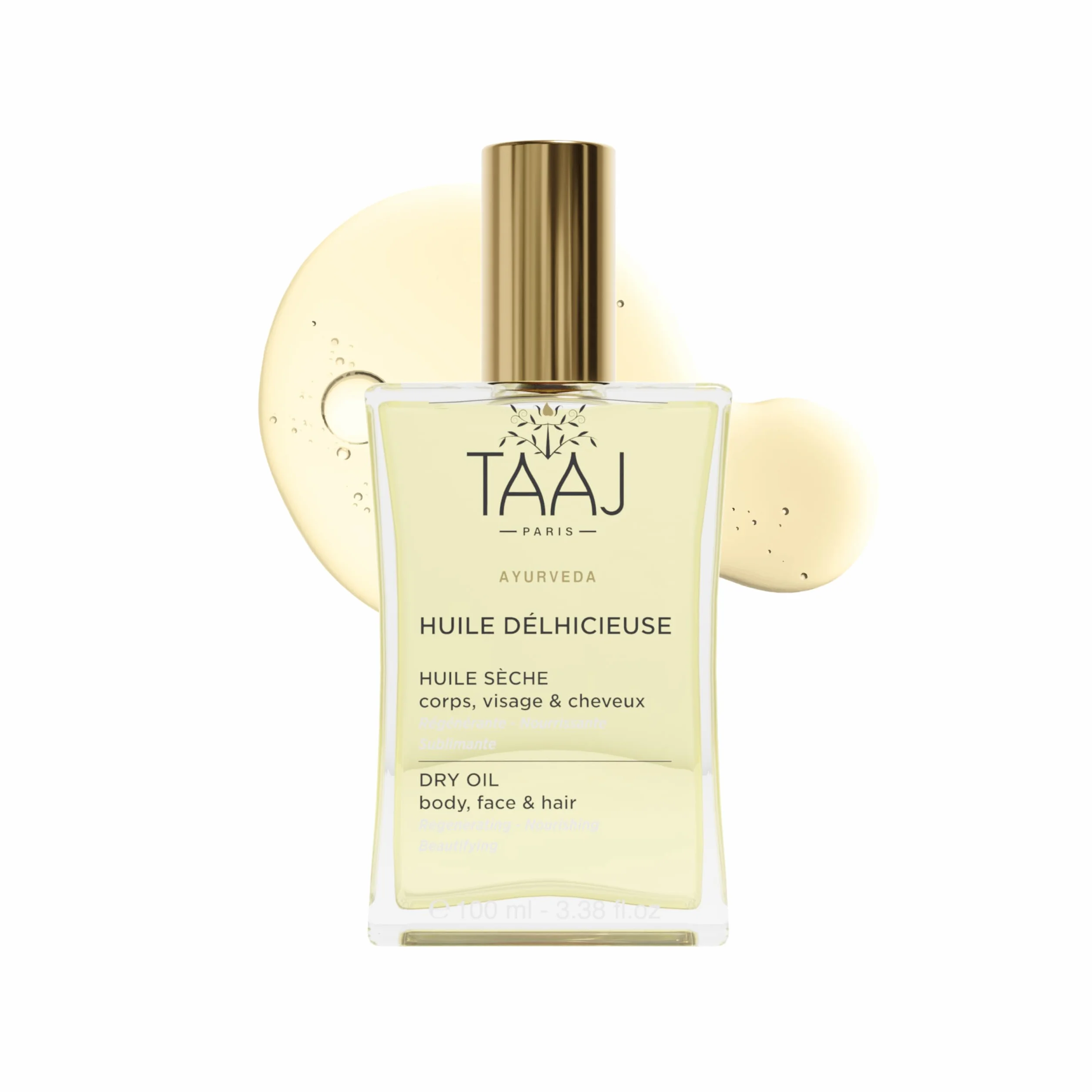 TAAJ | Huile Délicieuse | Huile sèche de Beauté | Corps, Visage & Cheveux | Nourrit, Protège & Revitalise la peau | Peau Satinée |Cheveux Réparés |96% d’ingrédients d’origine naturelle |Vegan | 100 ml