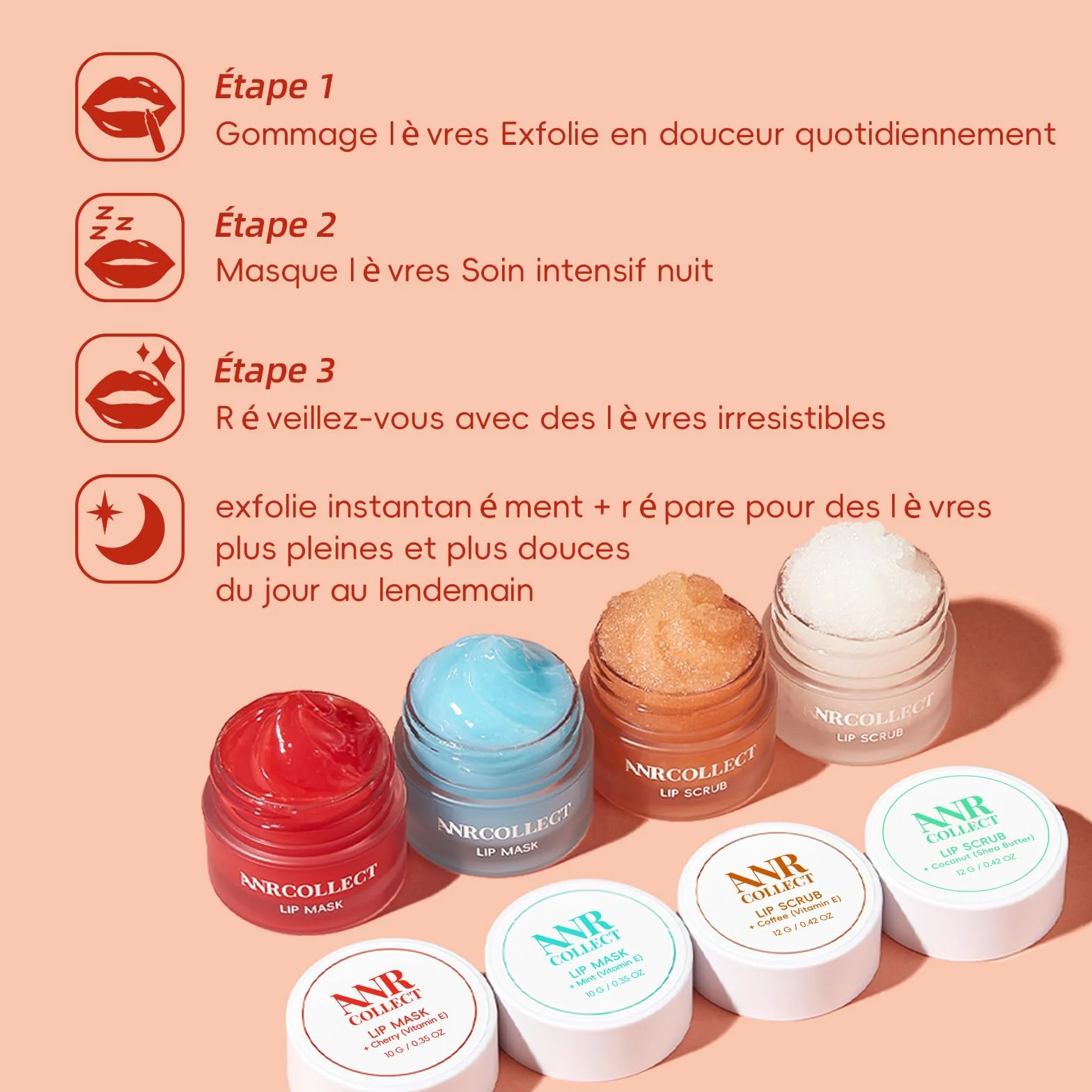 ANRCOLLECT Lot de 4 gommages et masques pour lèvres, hydratation intense lèvres sèches gercées