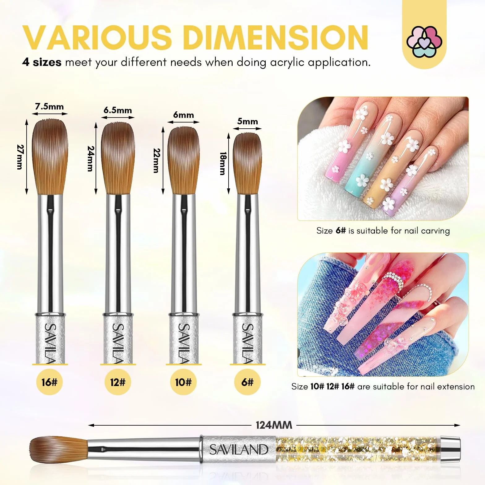 Saviland 4 Pinceaux pour Ongles Acryliques: Kolinsky Nail Art Professionnel, pour Poudre Acrylique (#6/10/12/16)