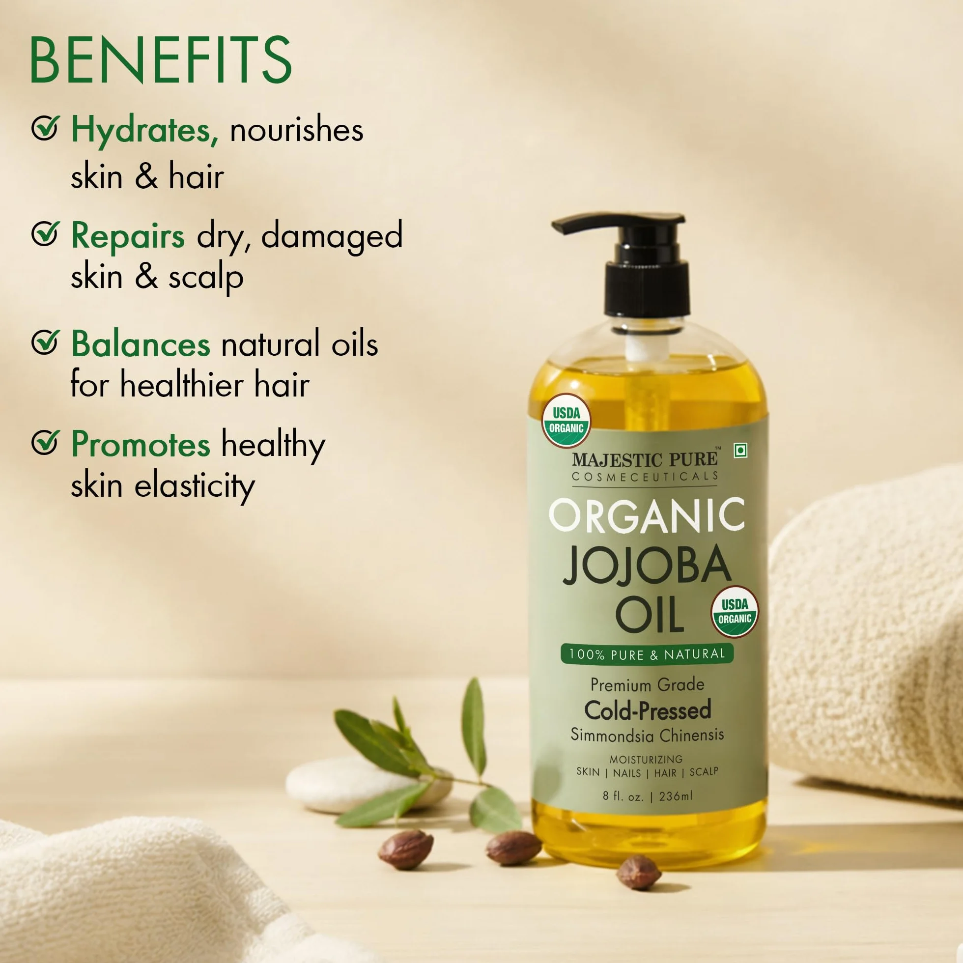 Huile de Jojoba Biologique Certifiée USDA Majestic Pure 237 ml - Huile Corporelle Naturelle 100% Pure, Pressée à Froid