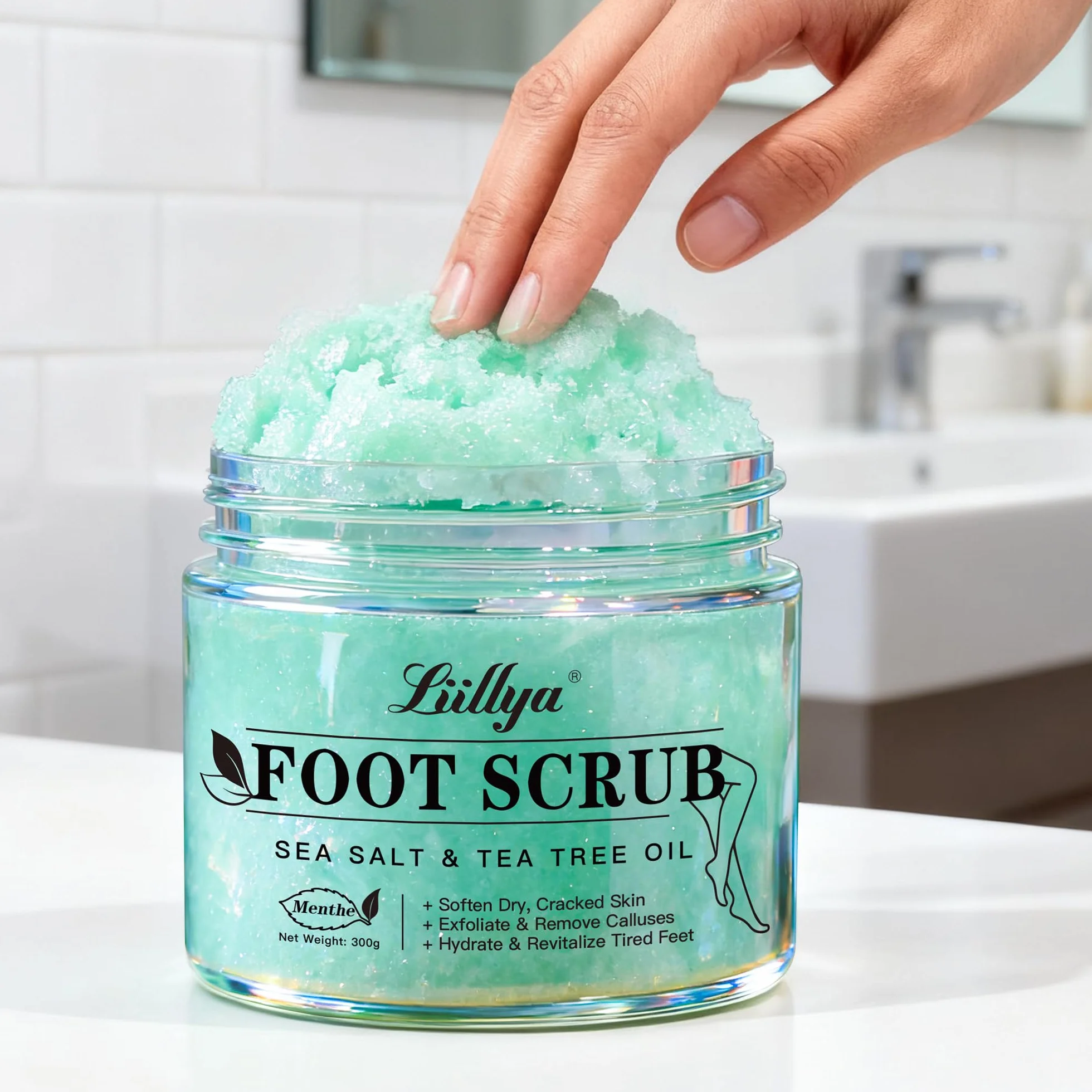 Gommage Corps & Pieds Naturel au Sel Marin, Arbre à Thé & Menthe Poivrée – Exfoliant Hydratant pour Peau Sèche, Talons & Callosités, 300g