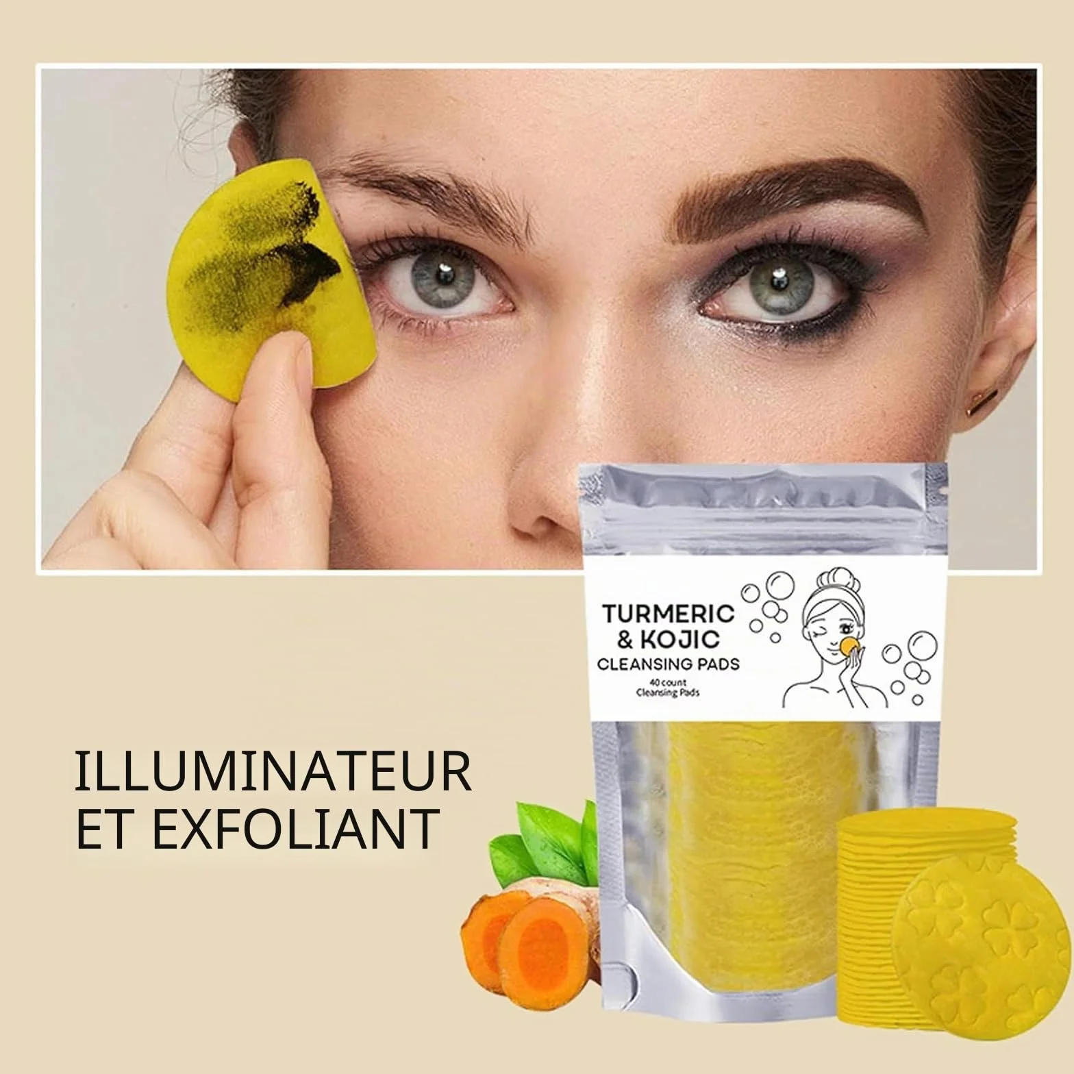 Ensemble Trois Pièces pour Lavage et Soins au Curcuma, Nettoyant Facial Avec Brosse, Tampons Gommants pour le Visage, Pain de Savon, Filet Moussant pour Savon, Ensemble de Nettoyage en Profondeur