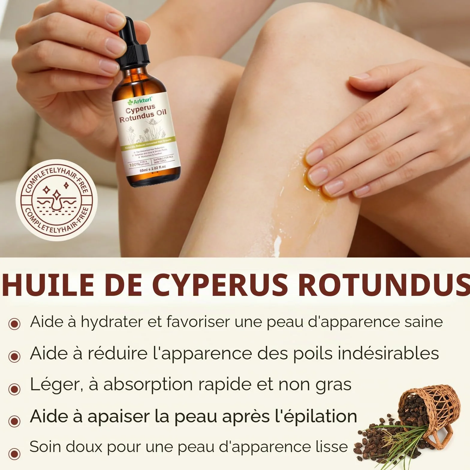 Huile de Souchet Anti Poils 60ml, Huile Cyperus Rotundus Oil, Huile Dépilatoire Naturelle