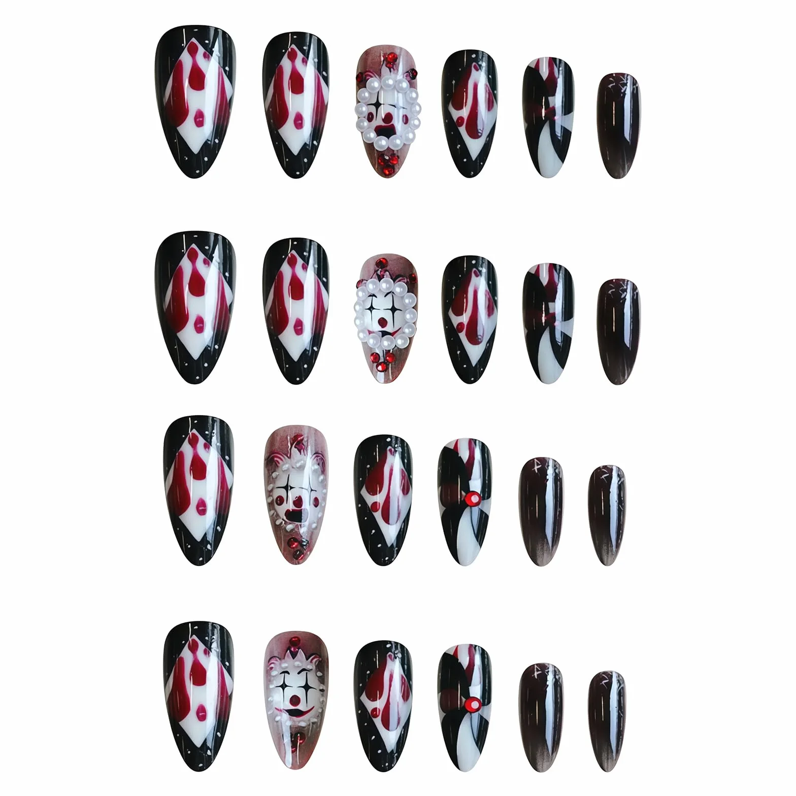 Yamobi Lot de 24 faux ongles à coller motifs clown cirque joker poker gel Y2K deux pointes