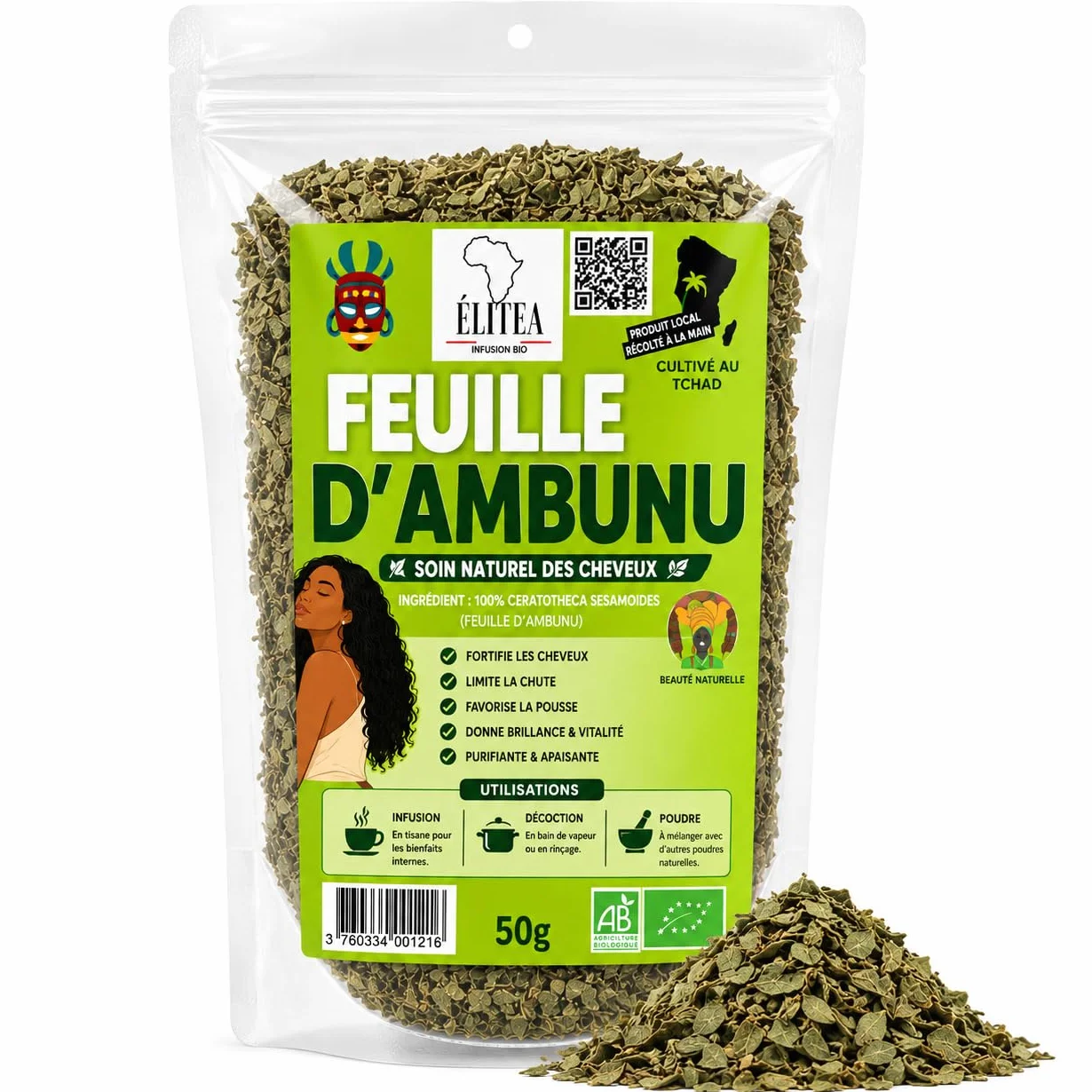 Gel Démêlant Fortifiant Cheveux Crépus Bouclés Frisés Feuilles d’Ambunu Naturel 50g