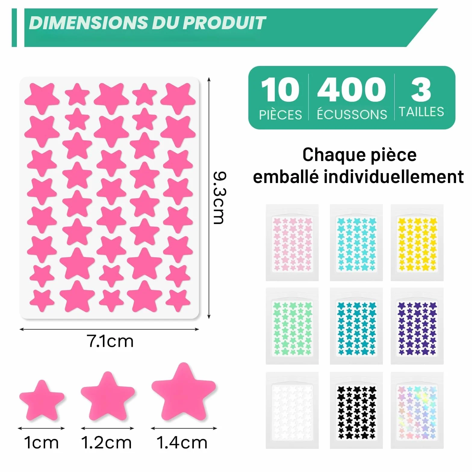 400PCS Pimple Patches Star, Hydrocolloïde Anti Bouton Patch avec Huile Tea Tree & Acide Salicylique, Acné Patches Imperméables (10/12/14 mm)