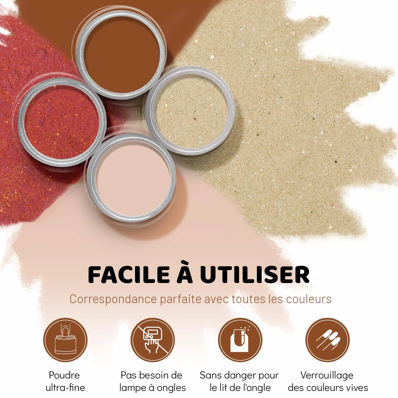 Aokitec Poudre à tremper 6 couleurs, poudre à ongles, nail art, ongles français, pas besoin de lampe