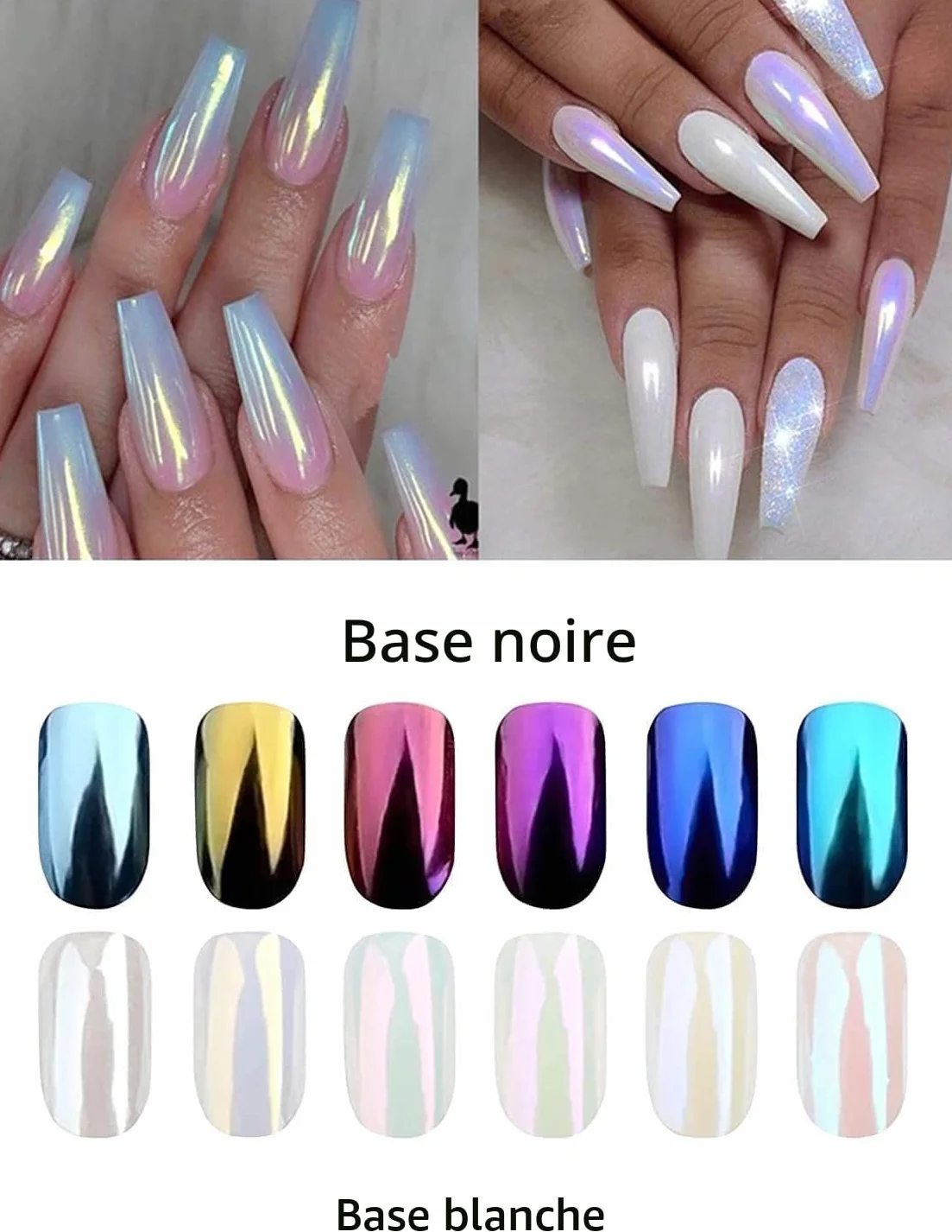 Poudre Chrome Ongle Blanc - 6 Boîtes Aurora Schimmer Poudre Ongle Effet Perle, Pigment Paillettes pour Nail Art