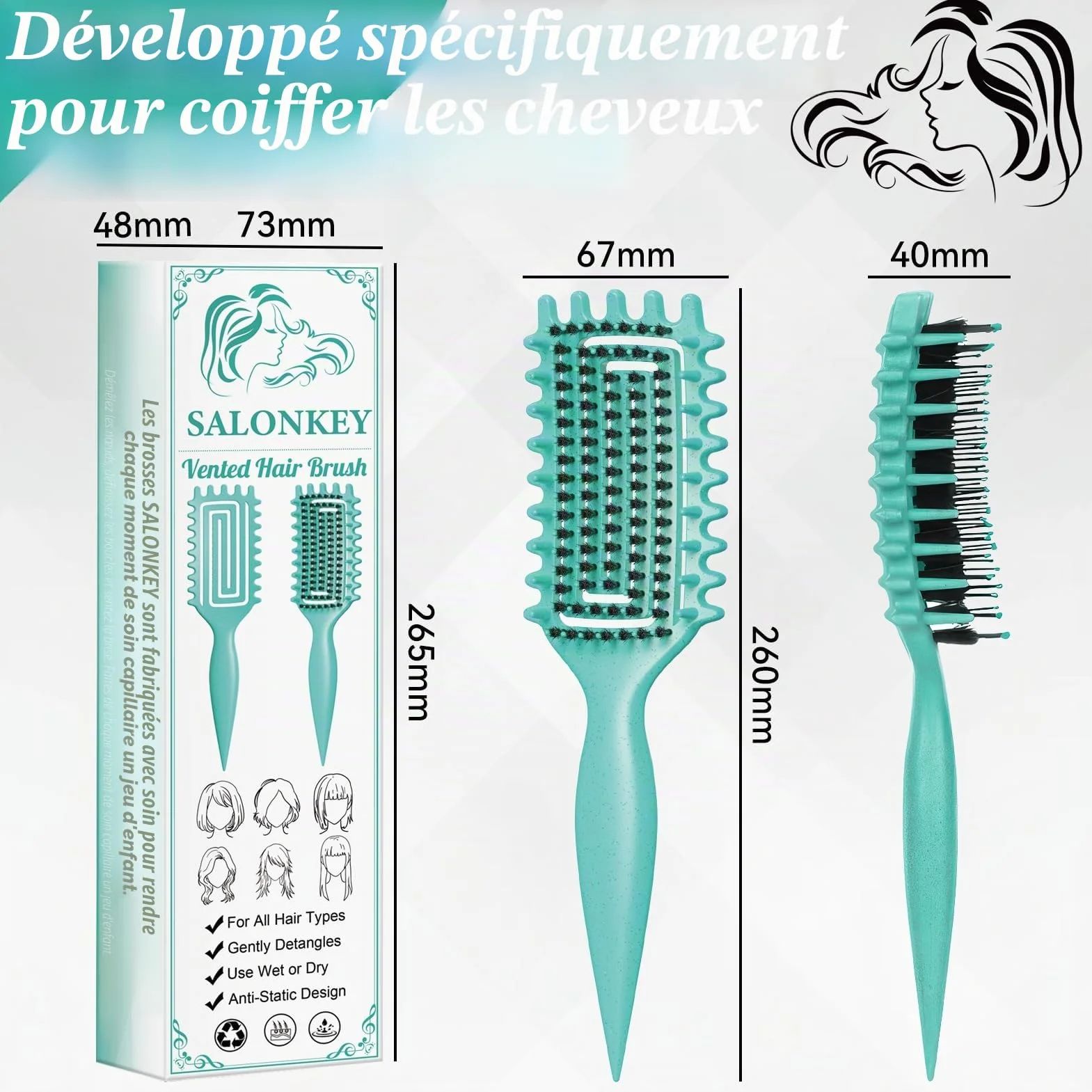Brosse à cheveux antistatique démêlage doux poignée ergonomique vert