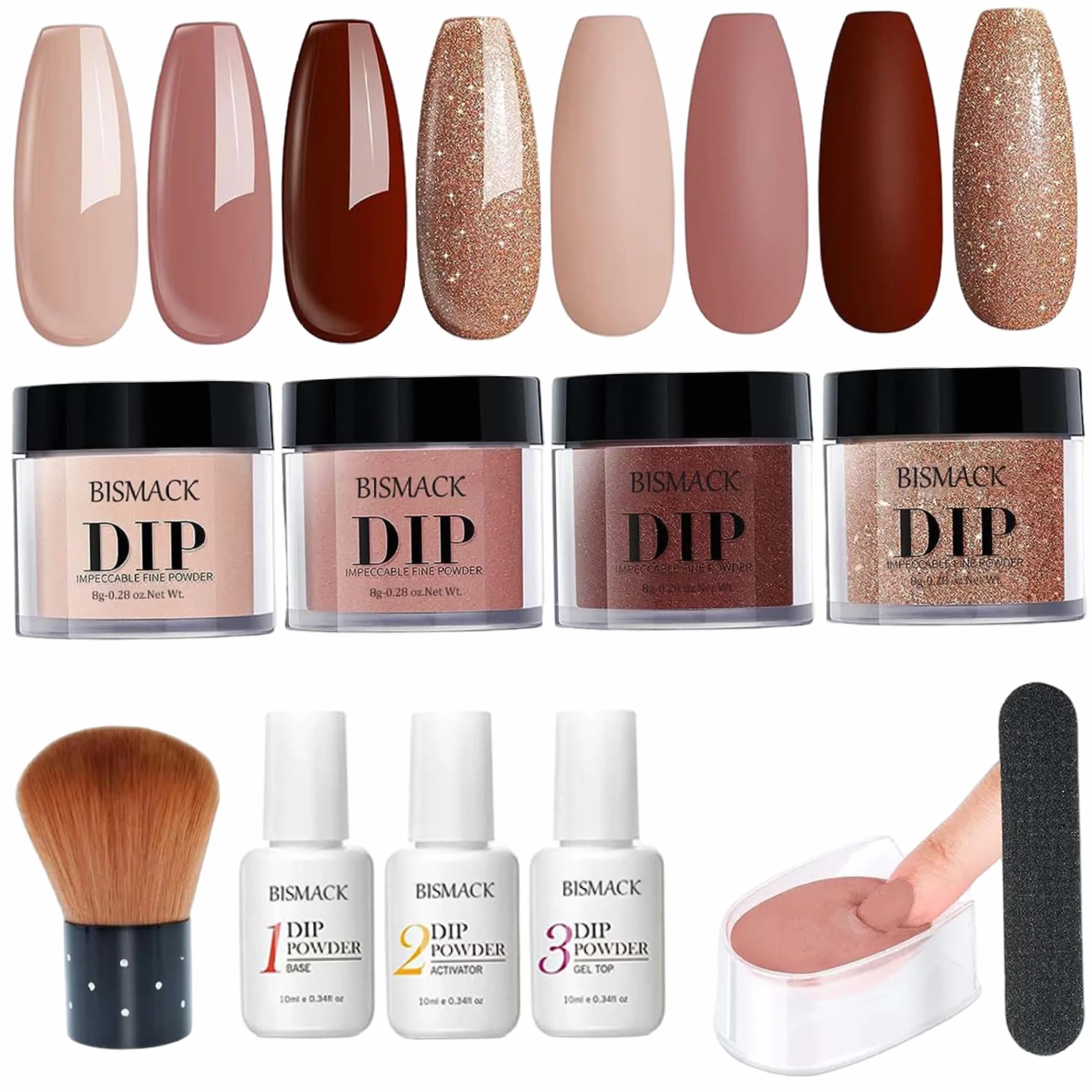 Kit de poudre de trempage pour ongles 10 pièces, 4 couleurs avec activateur base/couche finition, marron