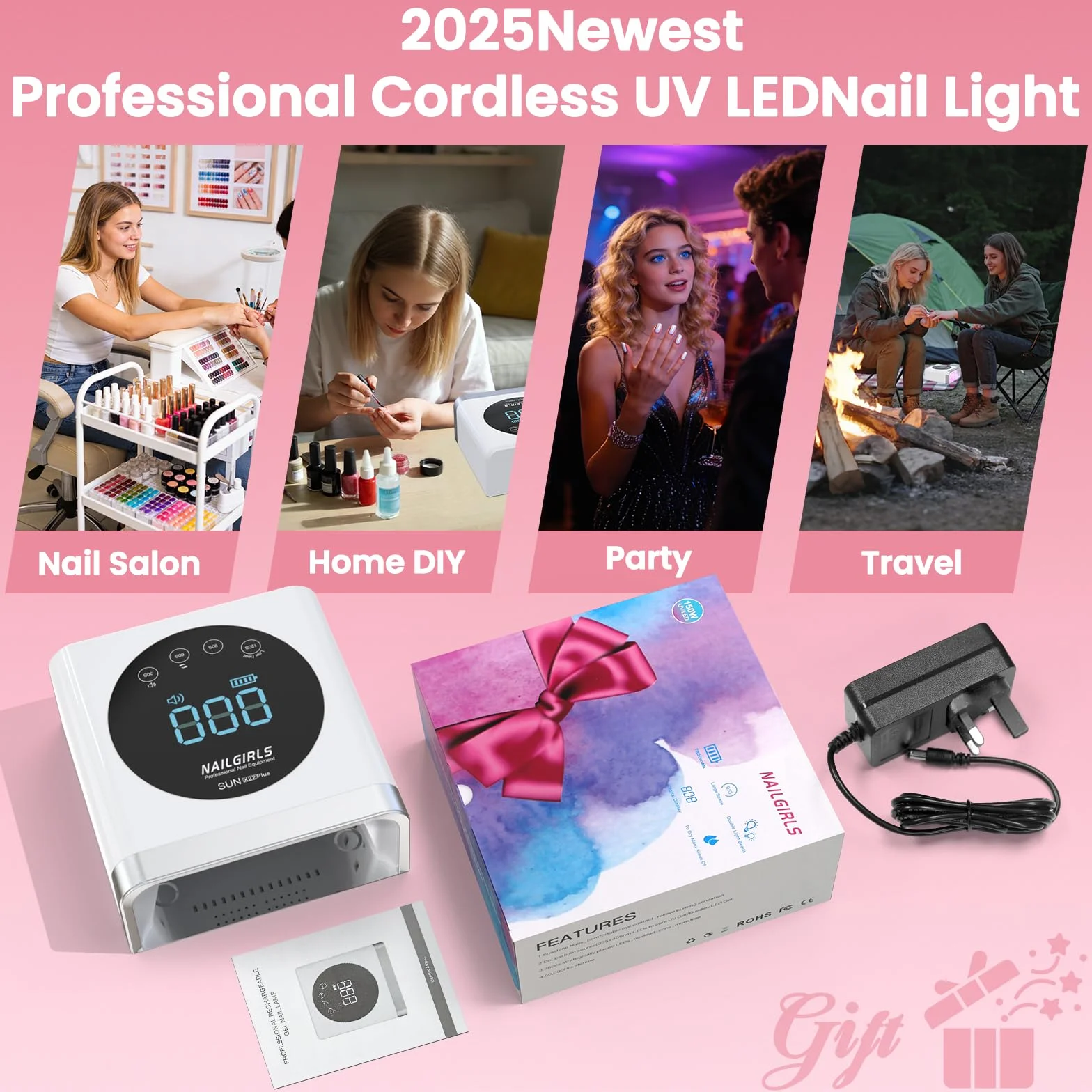NAILGIRLS 150W Lampe à Ongles UV LED Sans Fil-Machine à Ongles Professionnelle de Salon à Durcissement Rapide avec 36 perles, Rechargeable pour L'utilisation à la Maison et au Salon