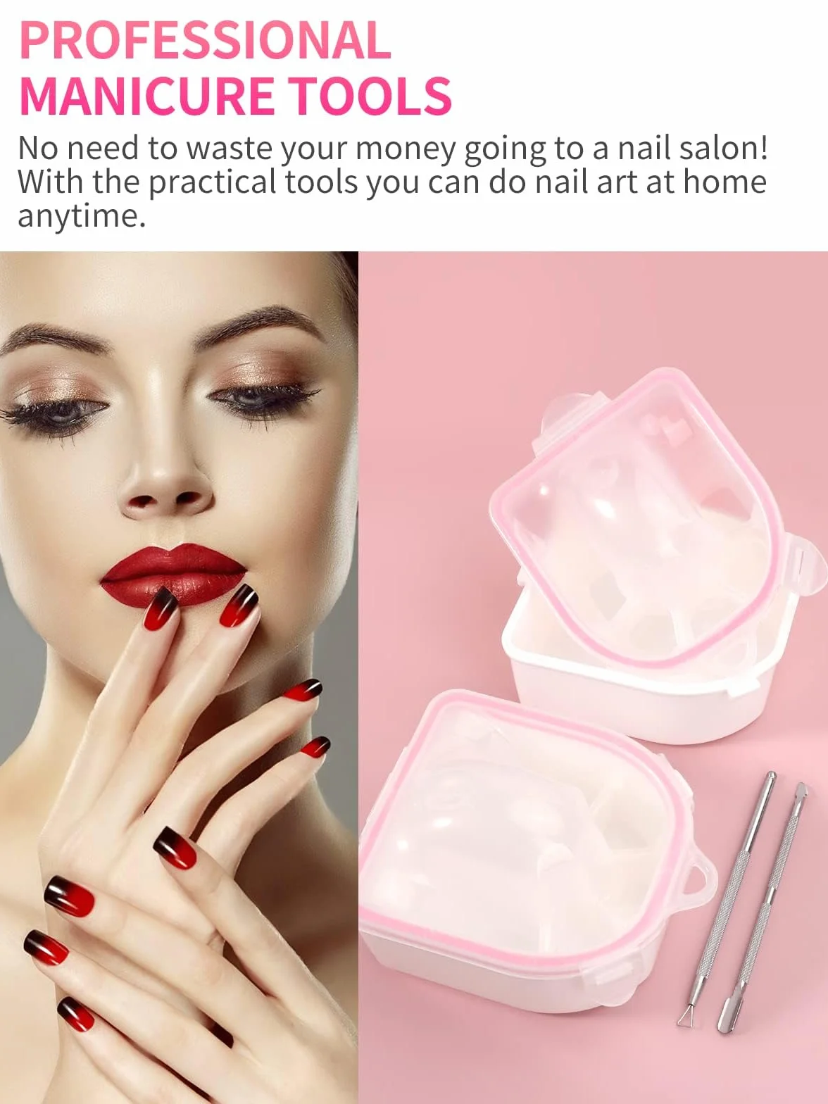 Bol De Trempage Des Ongles 2 Pièces avec Poudre Démaquillant, Triangle Cuticule Peeler Acier Inoxydable Rose