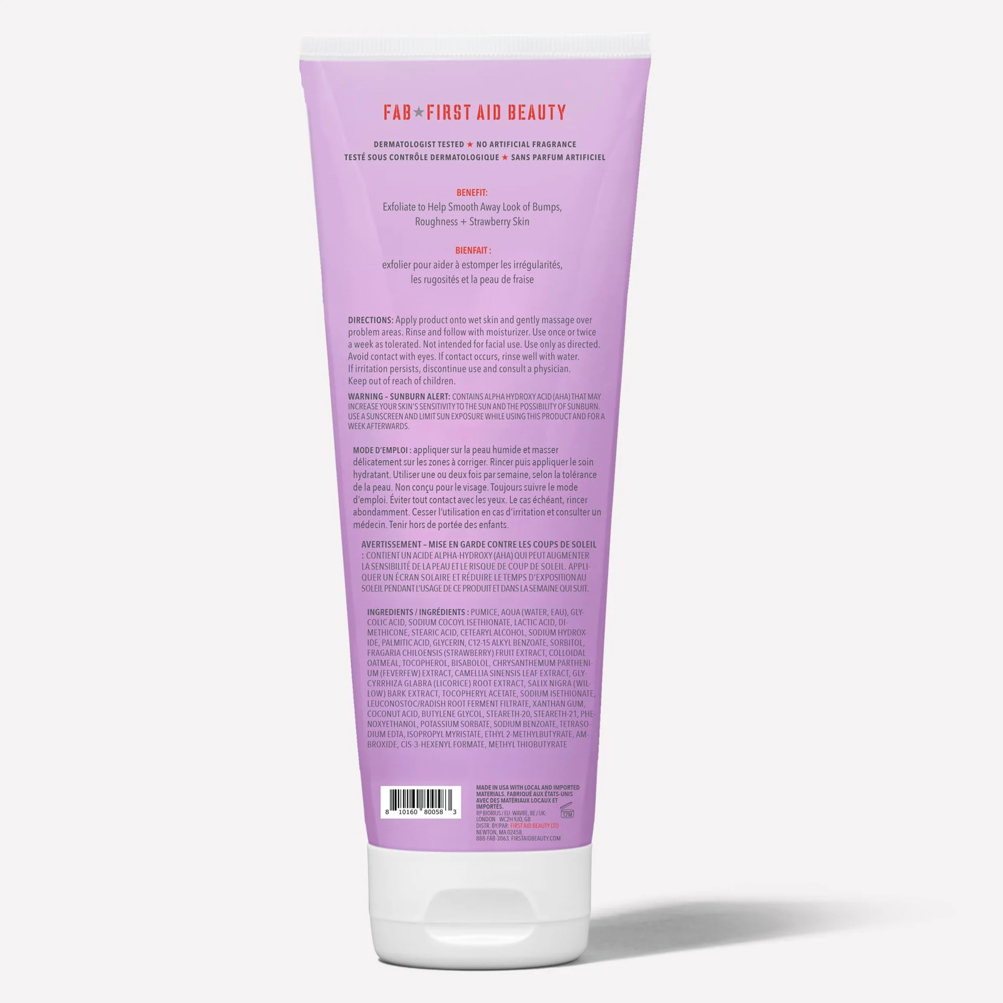 First Aid Beauty Gommage corporel KP Bump Eraser 10% AHA exfoliant kératose pilaire glycolique lactique