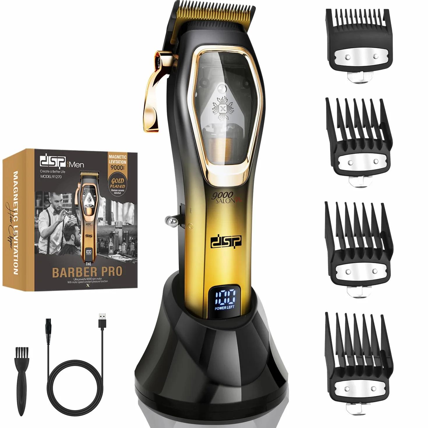 DSP Pro Barber Hair Clippers Set : Tondeuse magnétique sans fil 9000 tours/minute, contrôle de la vitesse constante pour une coupe en douceur. Lames en céramique, batterie 2500mAh (Or)