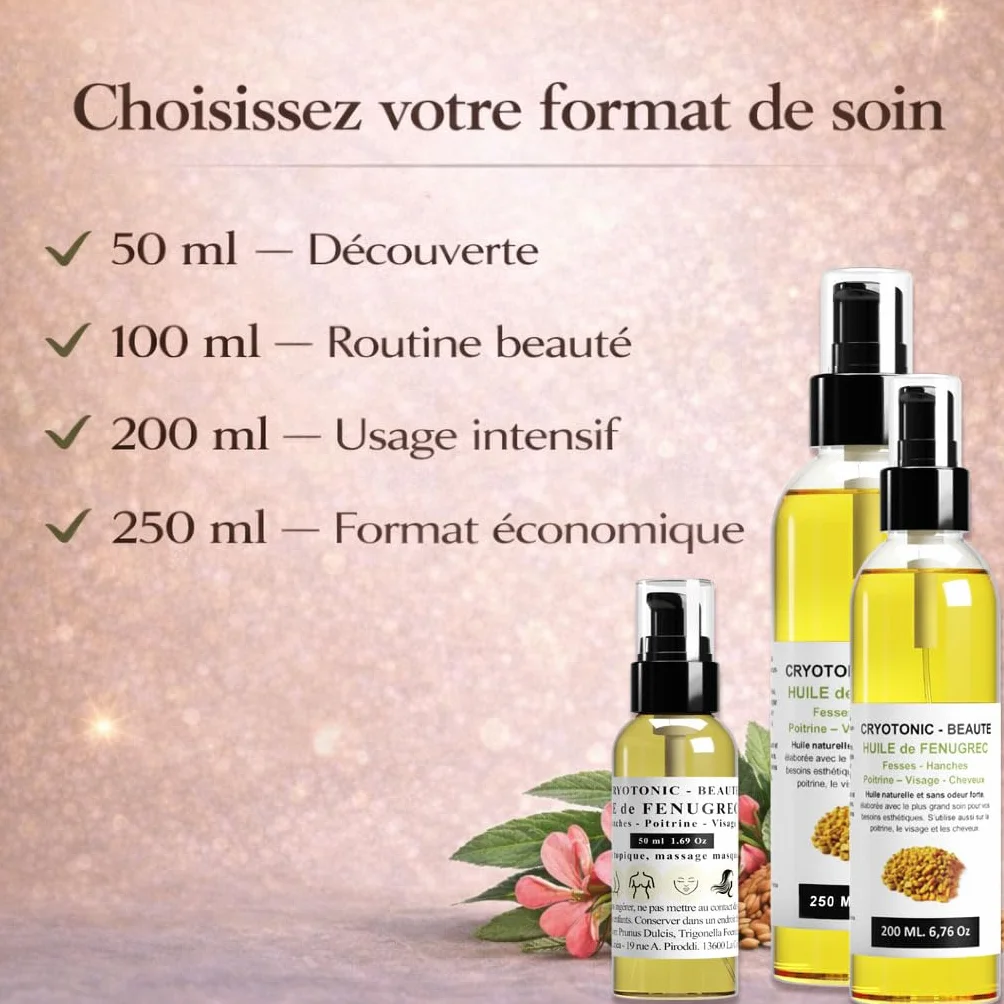 Huile de Fenugrec pour Poitrine, Fesses, Hanches, Cheveux | 100% naturelle, bio (50 ml)