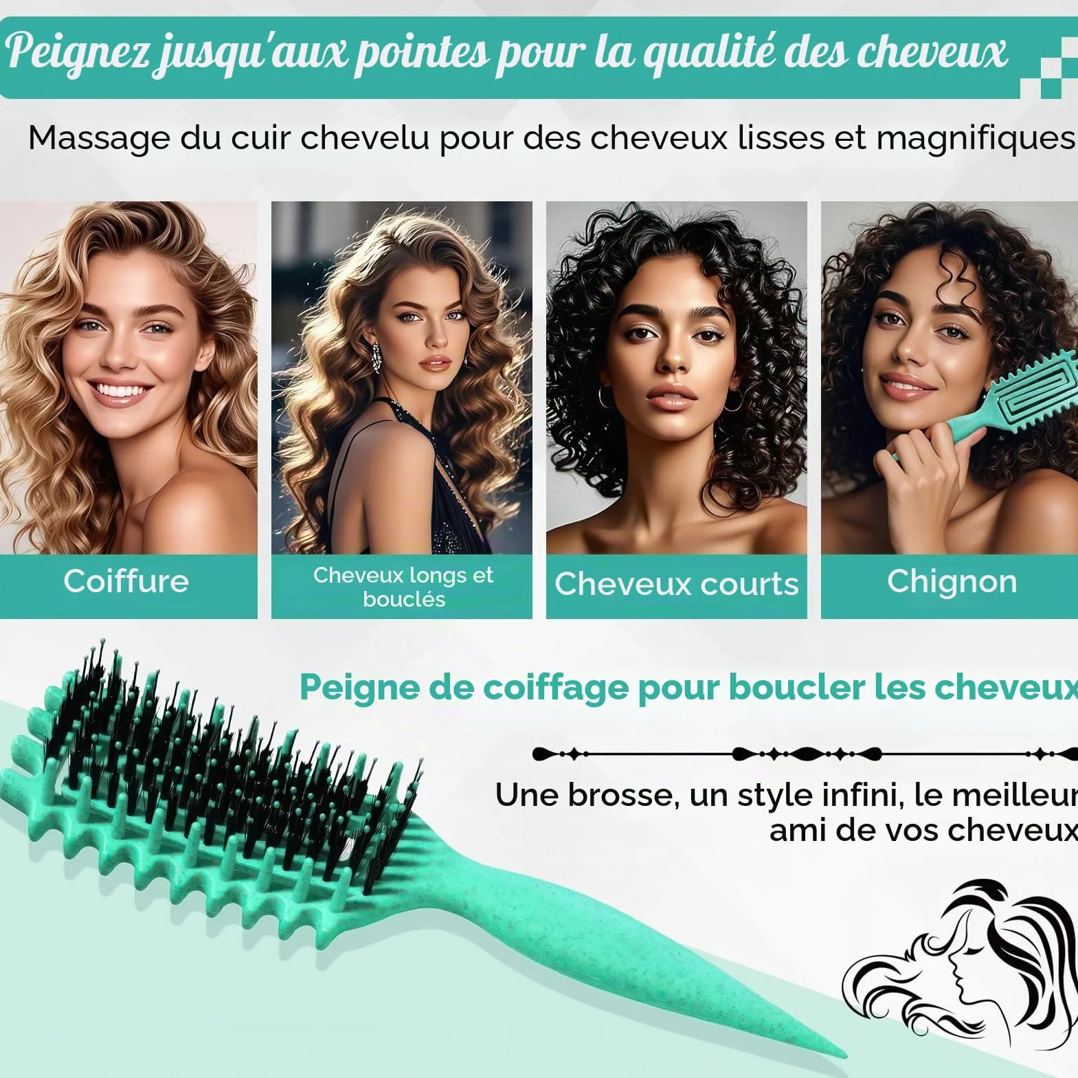 Brosse à cheveux antistatique démêlage doux poignée ergonomique vert