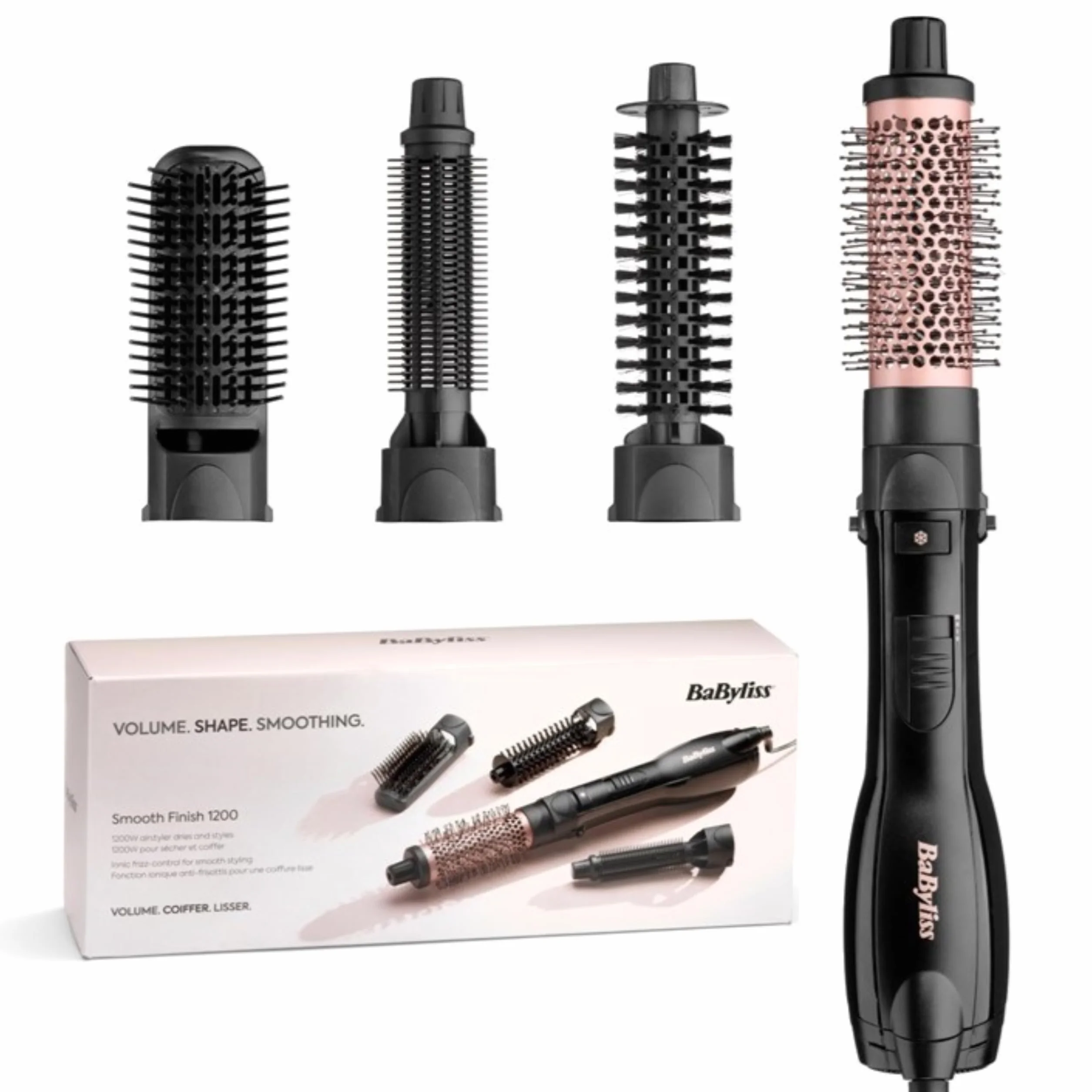 BaByliss Smooth Finish 1200 Brosse Soufflante 4-en-1 1200W Technologie Ionique & Céramique Noir/Rose AS122E