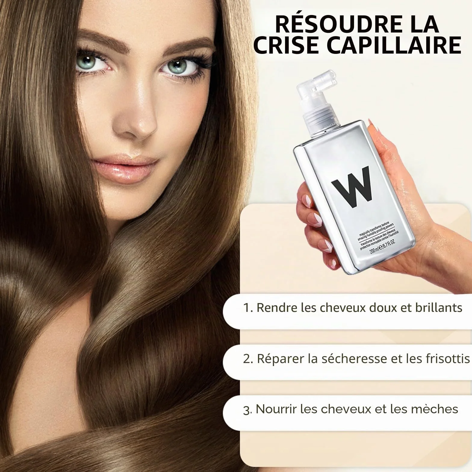 Spray anti-frisottis pour tous les types de cheveux, cheveux super lisses, protection contre la chaleur, spray brillant pour cheveux souples, 200 ml