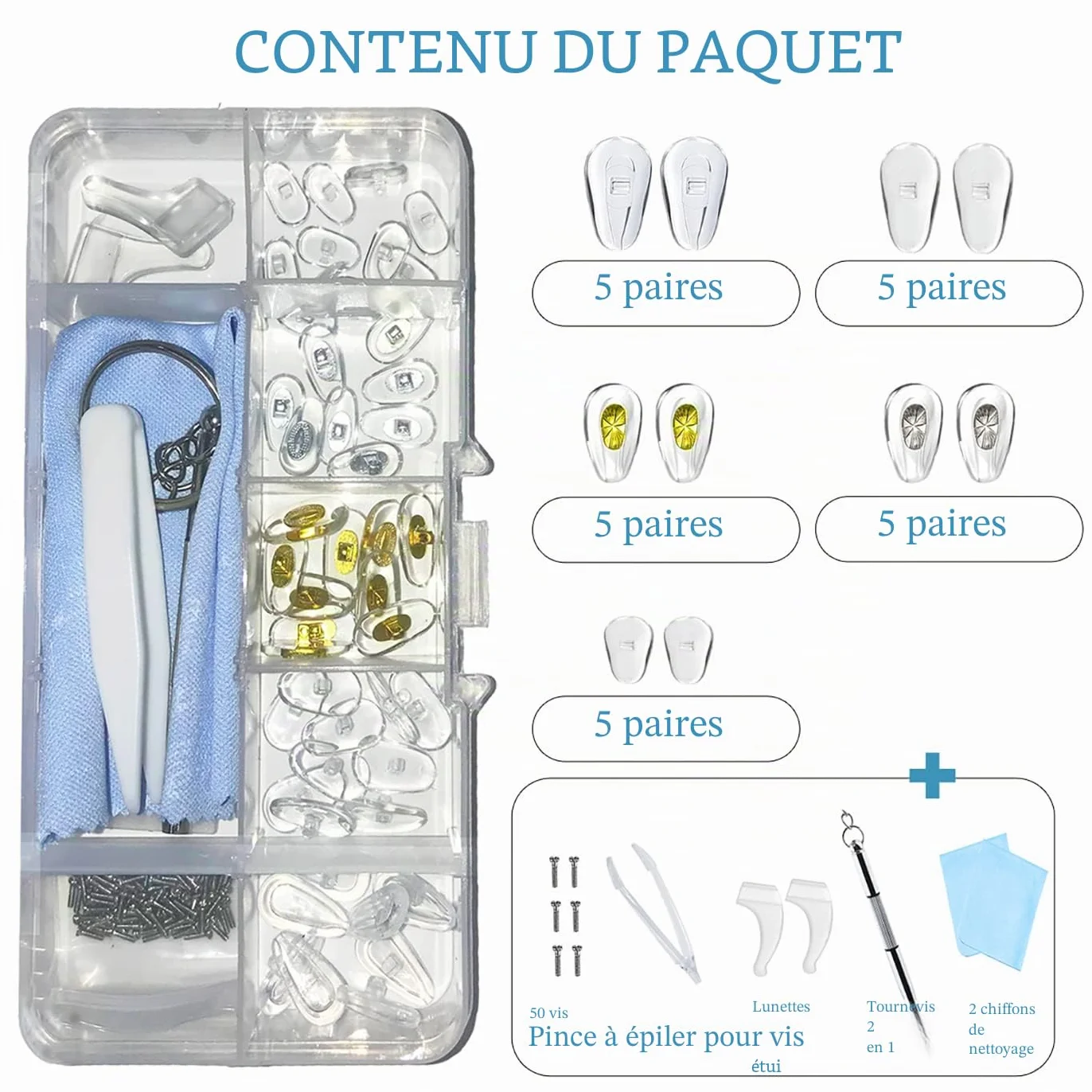 Plaquettes de Nez de Lunettes en Silicone 25 Paires, Kit de Réparation avec Vis Pincette et Chiffon