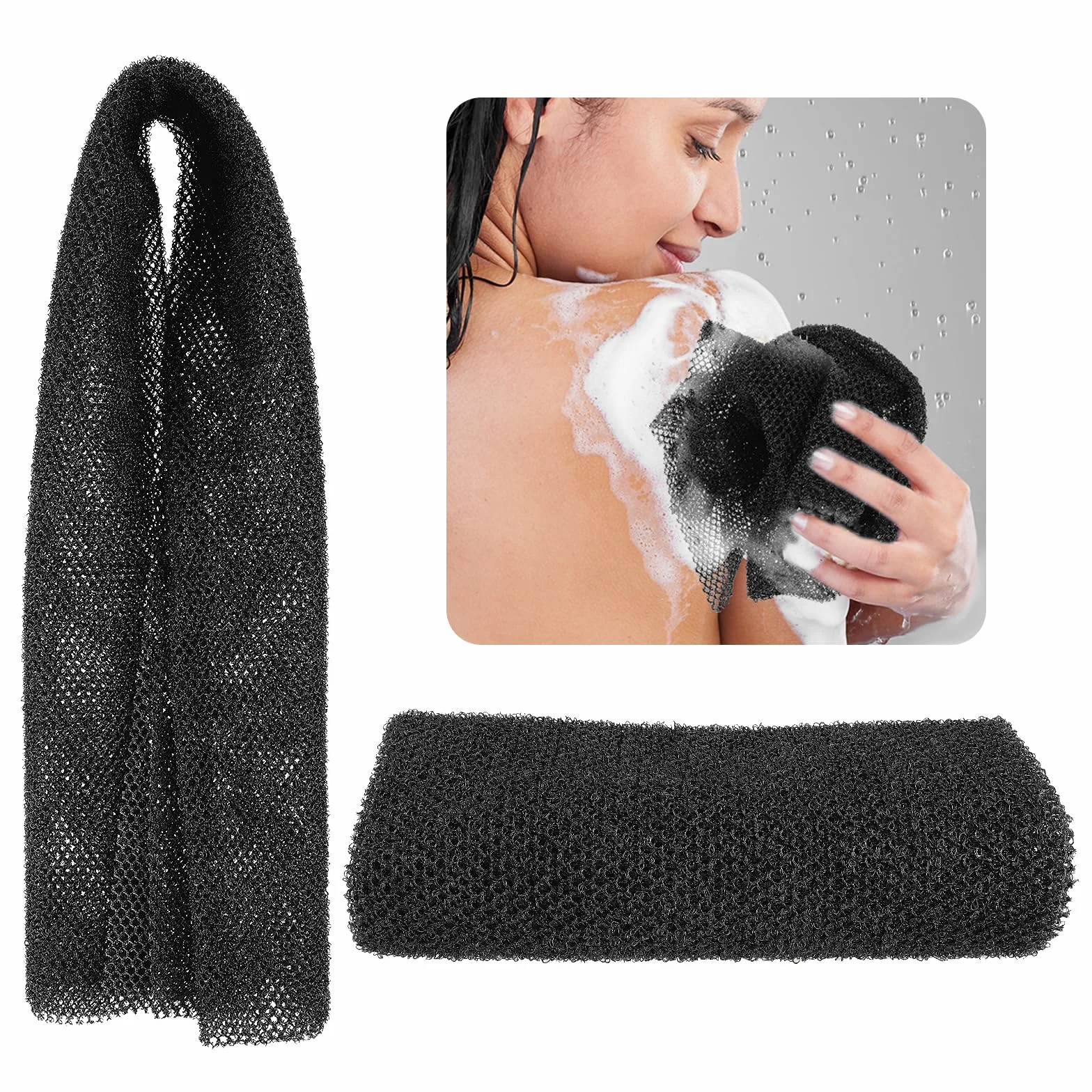 Éponge de bain africaine exfoliante longue pour le corps - Noir