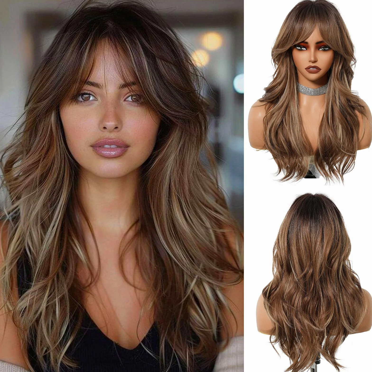 Longue Perruque mixte Brune avec Franges Perruques Ondulées Naturelles pour Femmes Cheveux Synthétiques Naturels Perruques Résistantes à La Chaleur pour La Fête Quotidienne Cosplay Wear