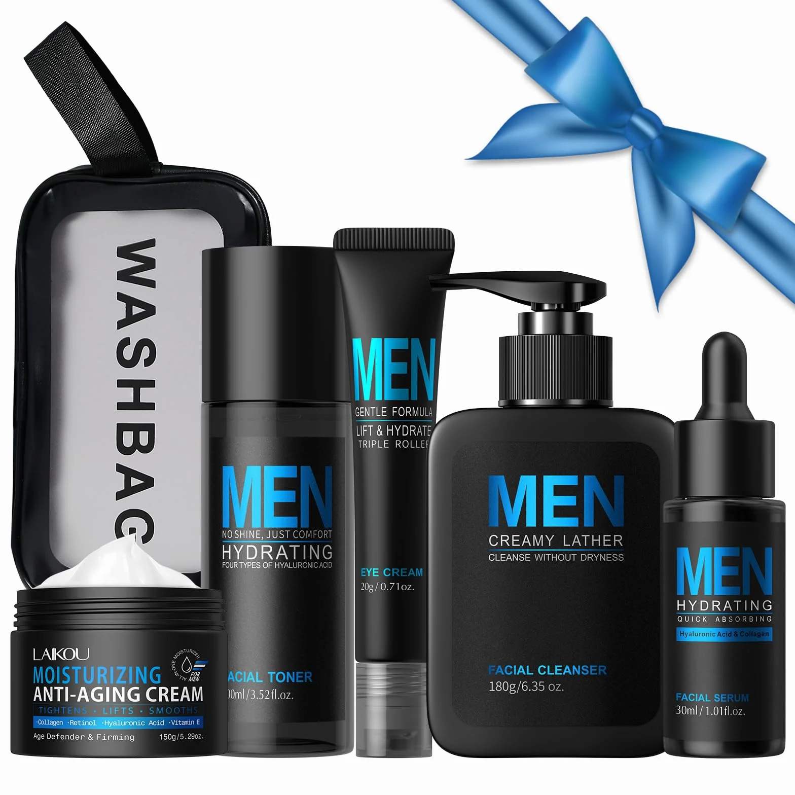 Coffret Soin Visage Homme, 5 pièces Skincare Set Men, pour Hydratant Anti-Âge Anti-Brillance, Kit Soin Visage Homme Cadeau avce Nettoyant Lotion Visage Yeux Crème Sac de Rangement