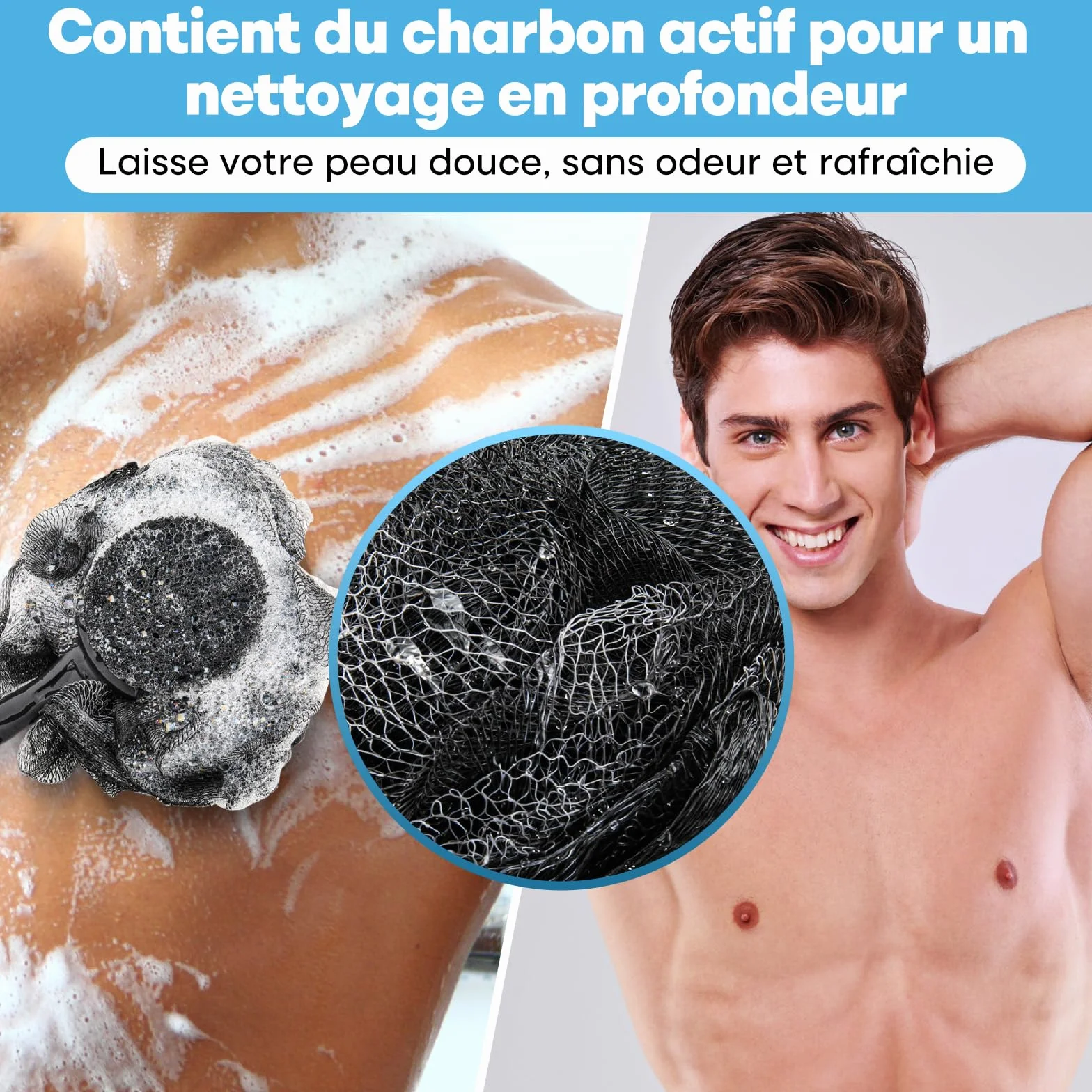 Brosse de douche Loofah avec manche charbon 2 pièces pour exfoliation dos
