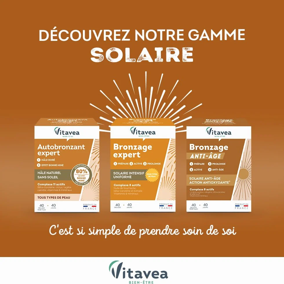 Vitavea Autobronzant Expert Hâle Doré Complément Alimentaire Bêta-Carotène Zinc Vitamines 40 Gélules