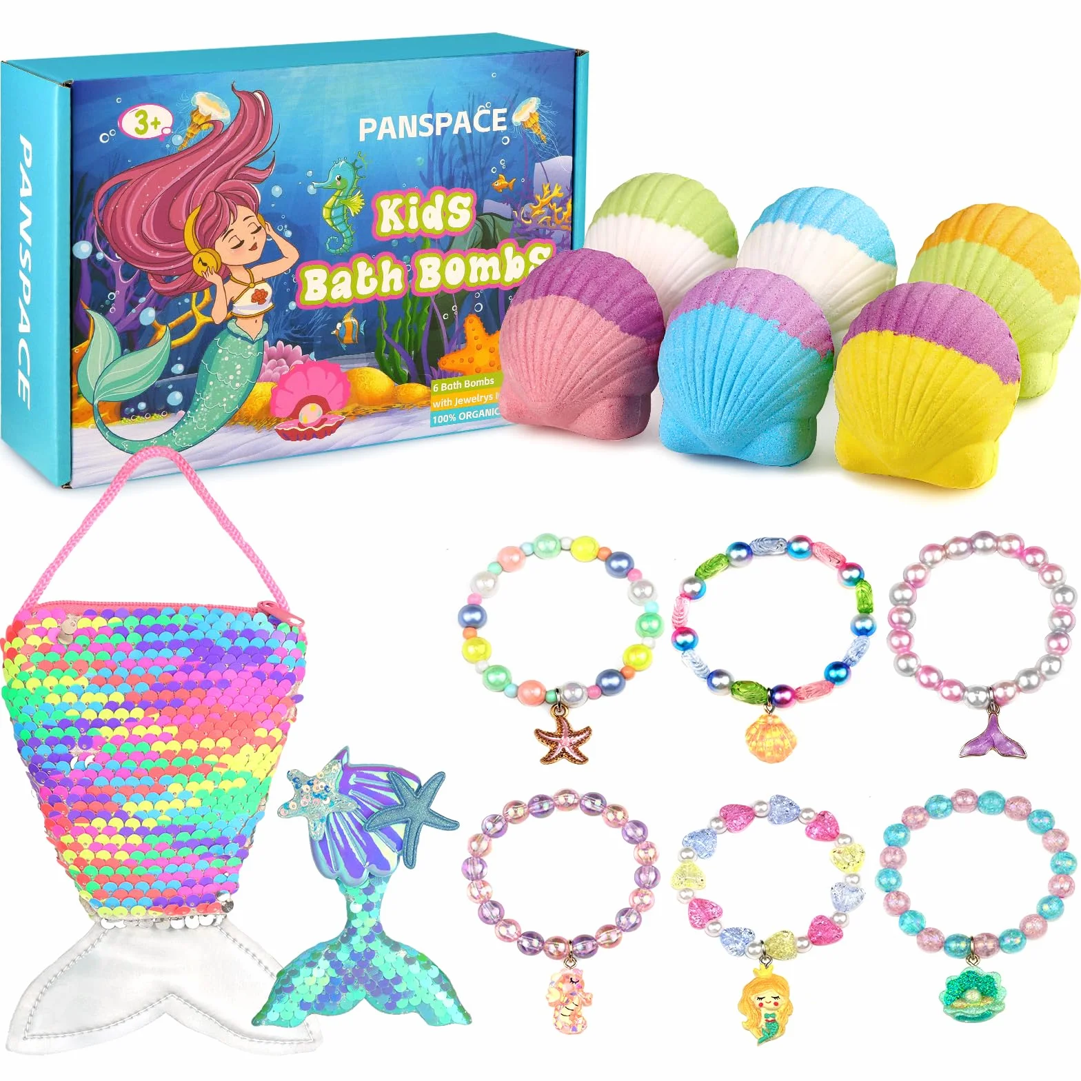 Bombes de bain pour enfants avec surprise à l'intérieur,6 PCS bombes de bain bio pour filles & bambins âgés de 3 à 12 ans,Ensemble cadeau de boules de bain d'anniversaire avec bracelets sirène clip de