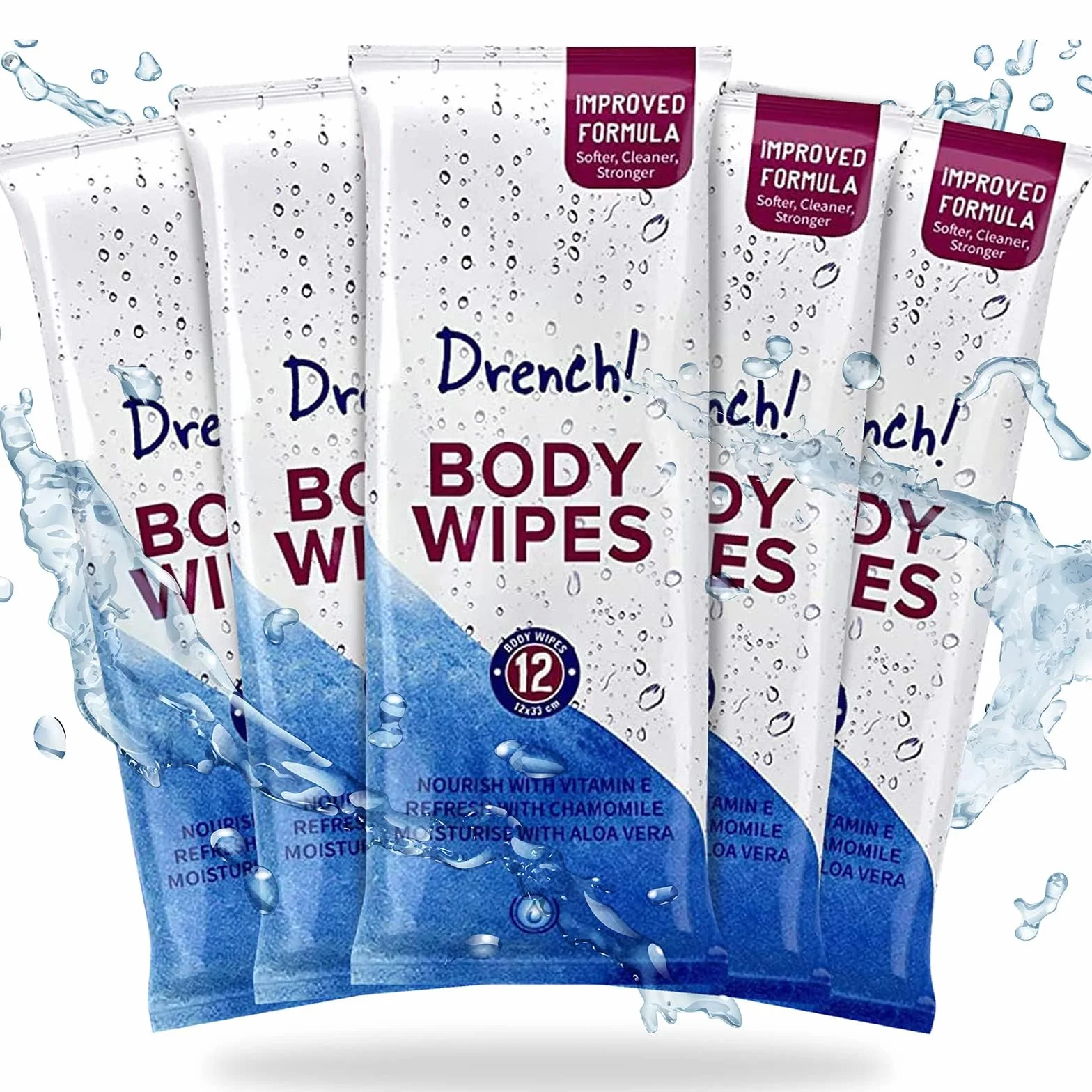 Drench! Lingettes Nettoyantes Douche - 5 Paquets de 12x Lingette Rafraichissante à L'Aloe Vera - Lingette Lavante pour Adultes et Personnes Âgées Compatible avec le Micro-Ondes