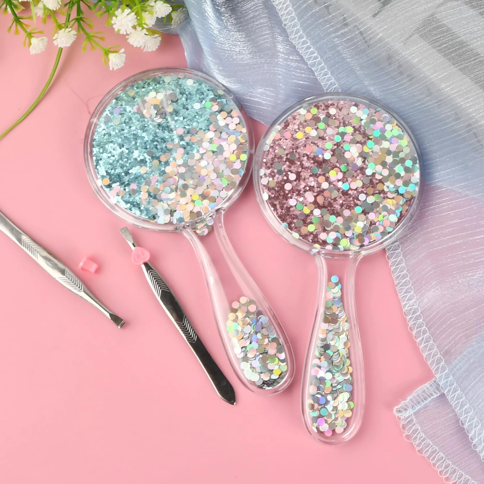 Miroir à Main Professionnel Portable Rond avec Poignée pour Maquillage Voyage