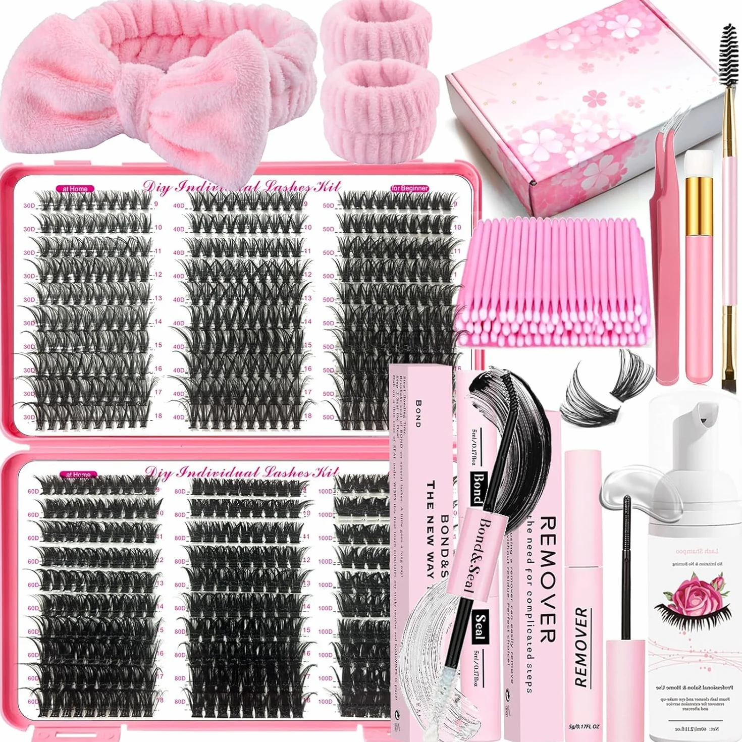 DNSGOOR Kit d'extensions de cils DIY - 590 pièces D Curl - Colle et scellant - Shampoing pour cils - Brosse de nettoyage - Bandeau - Poignet - Pince à épiler - Pinceau applicateur (LASH01)