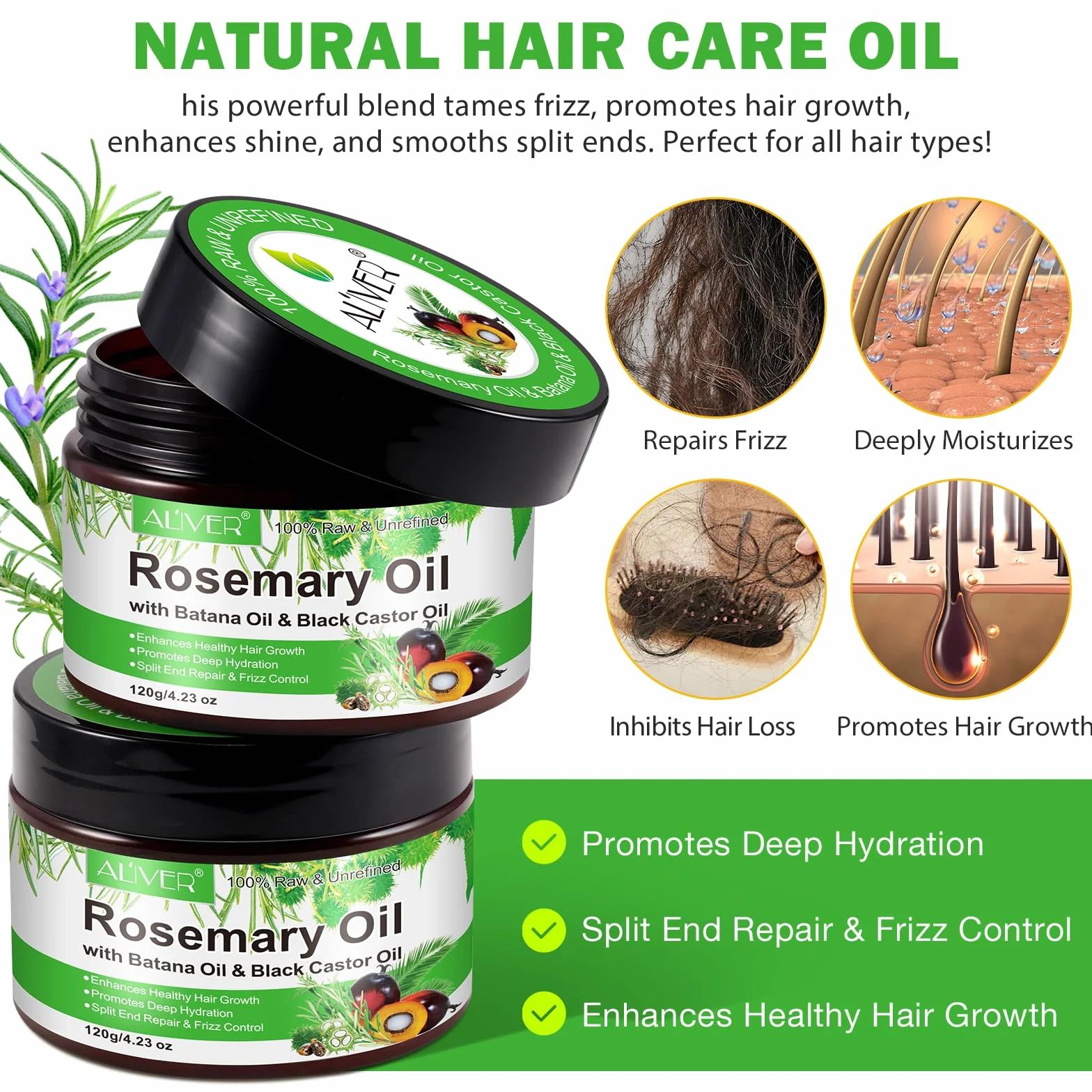 Huile Essentielle de Romarin, Batana & Ricin Noir 3 en 1 Solide pour Croissance des Cheveux