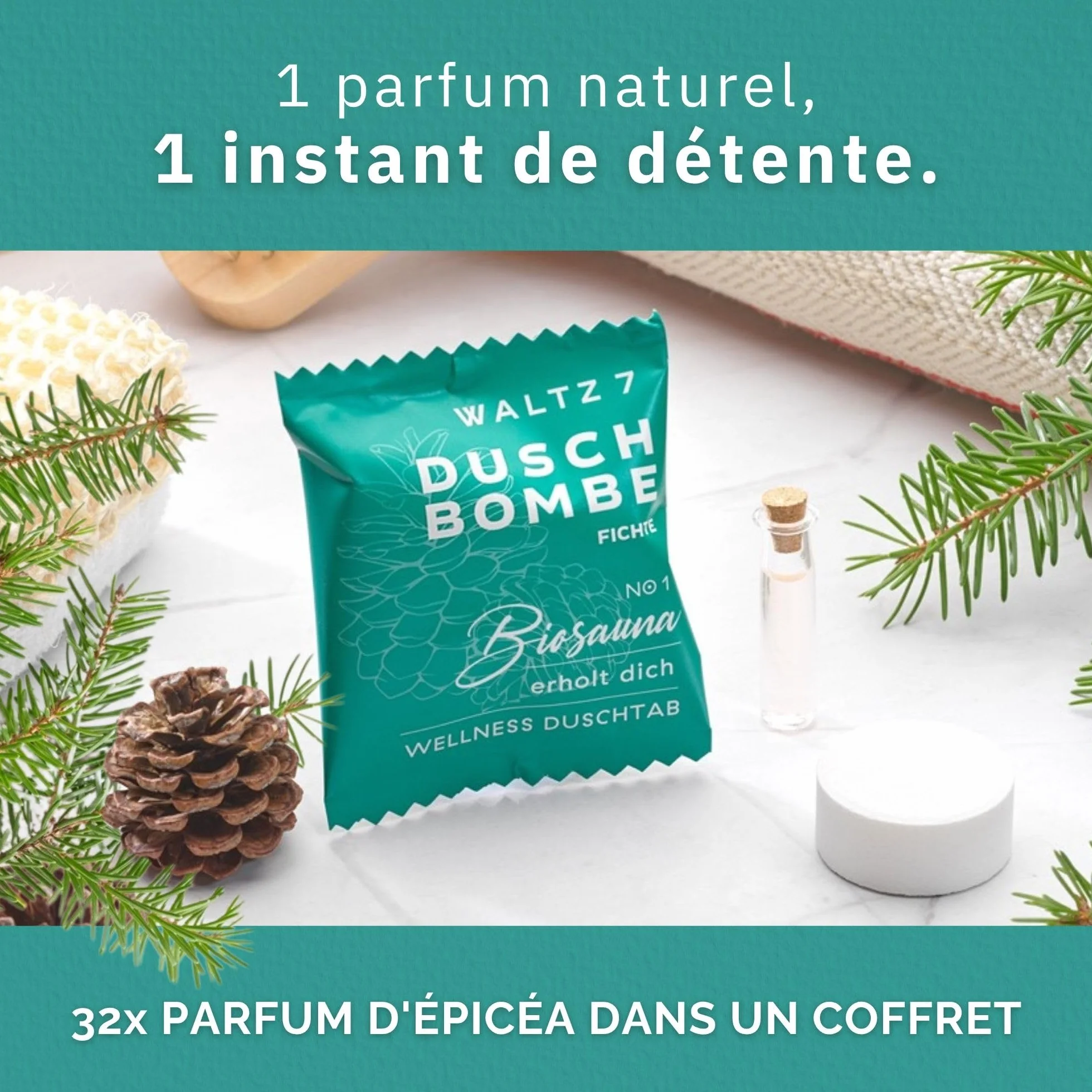Bombes de Douche Épicéa Set 32 Sachets Aromathérapie Calmant Revigorant Relaxant Coffret Cadeau