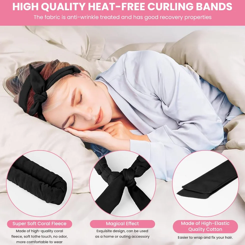 5PCS Bandeau Bigoudis Sans Chaleur Boucle Cheveux Doux Noir