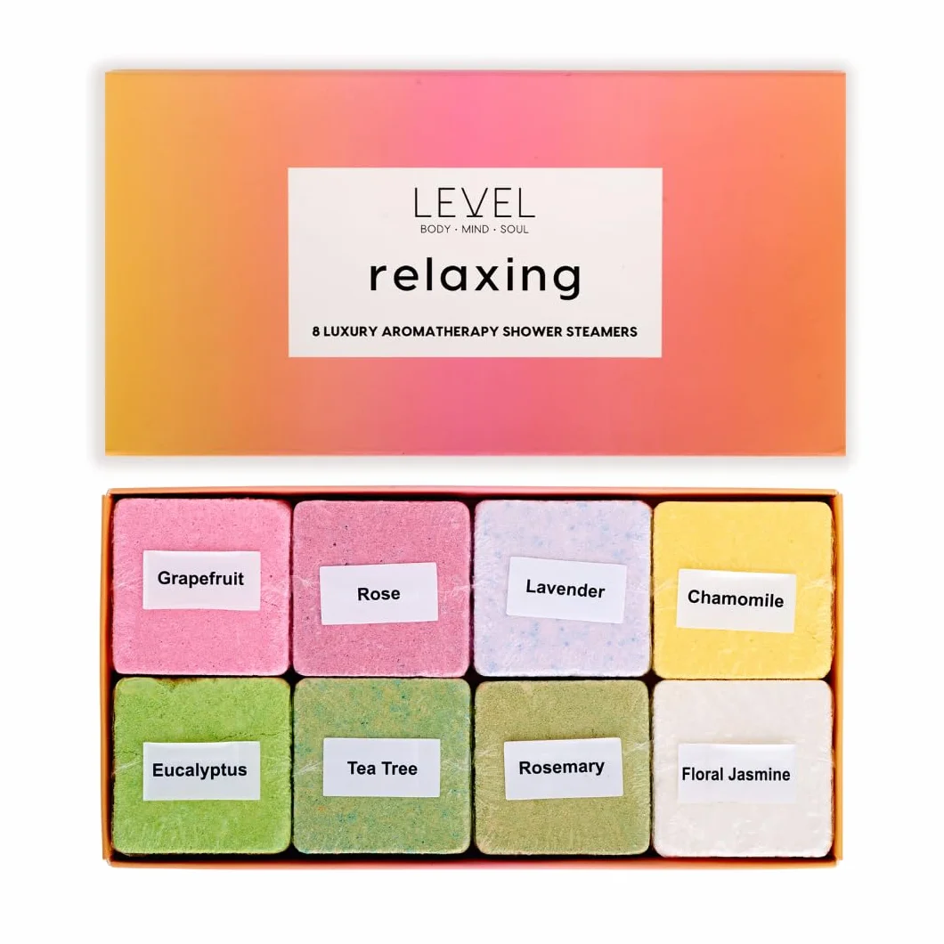 Level Body Mind Soul Vapeurs de Douche pour Aromathérapie 8 Pack Bombes de Douche Relaxation Body Restore