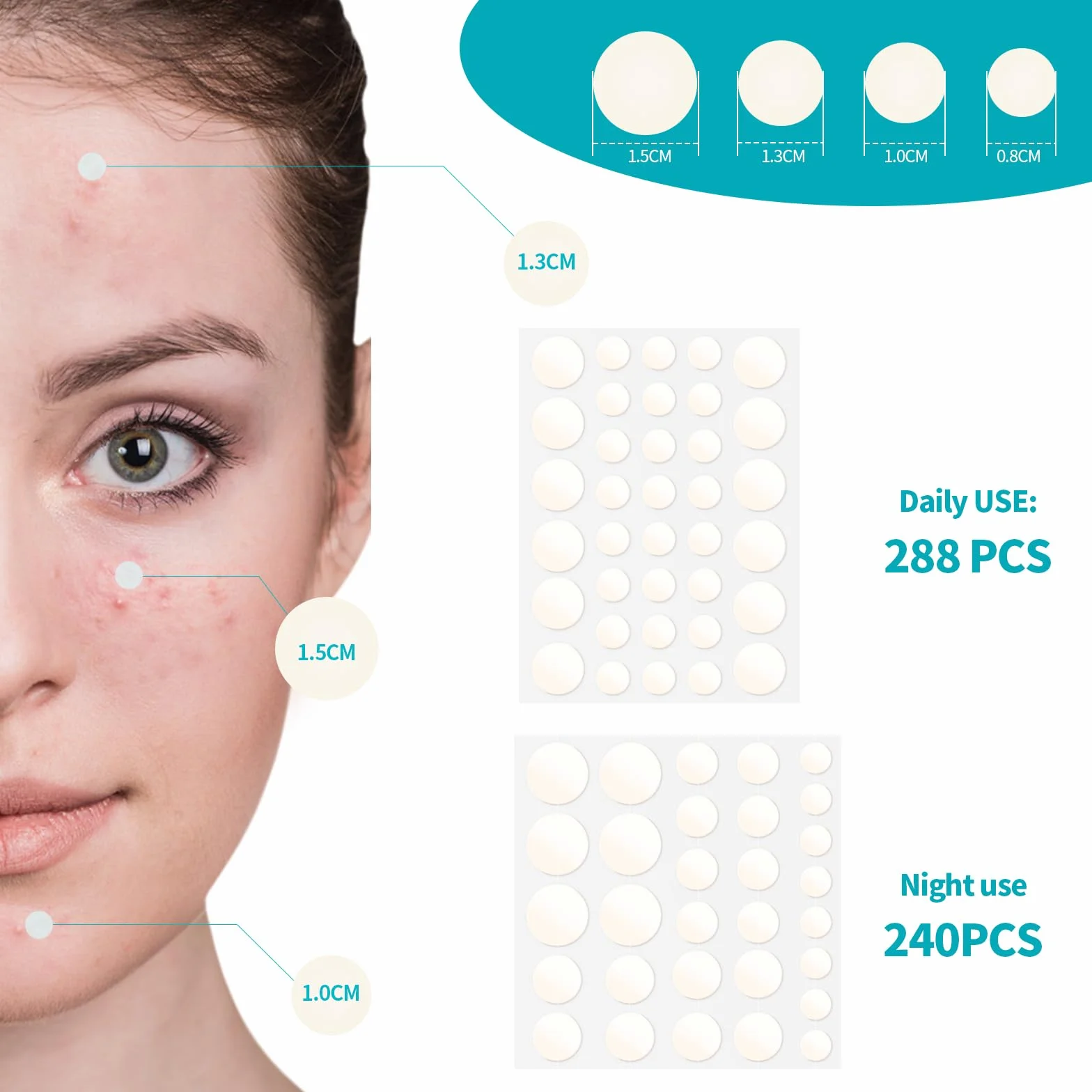 Pimple Patches 528 pièces, Hydrocolloïde Acné Patch, Invisible, 4 tailles (8/10/13/15 mm)