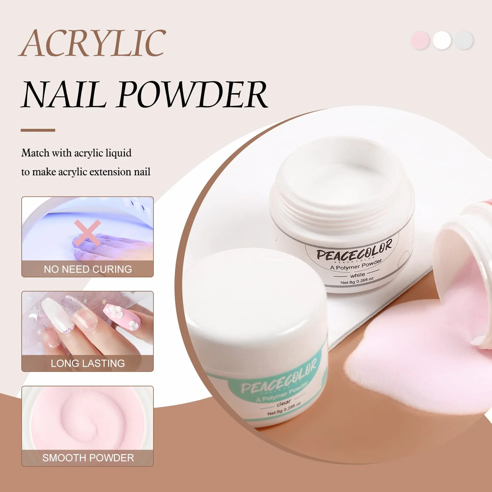 PEACECOLOR Kit Poudre Acrylique pour Ongles , Poudre Acrylique avec Liquide Acrylique, Rose Blanc Transparentes Resine Ongle Poudre , Pinceau, Chablon, Limes a Ongles, Kit Complet Acrylique Ongles
