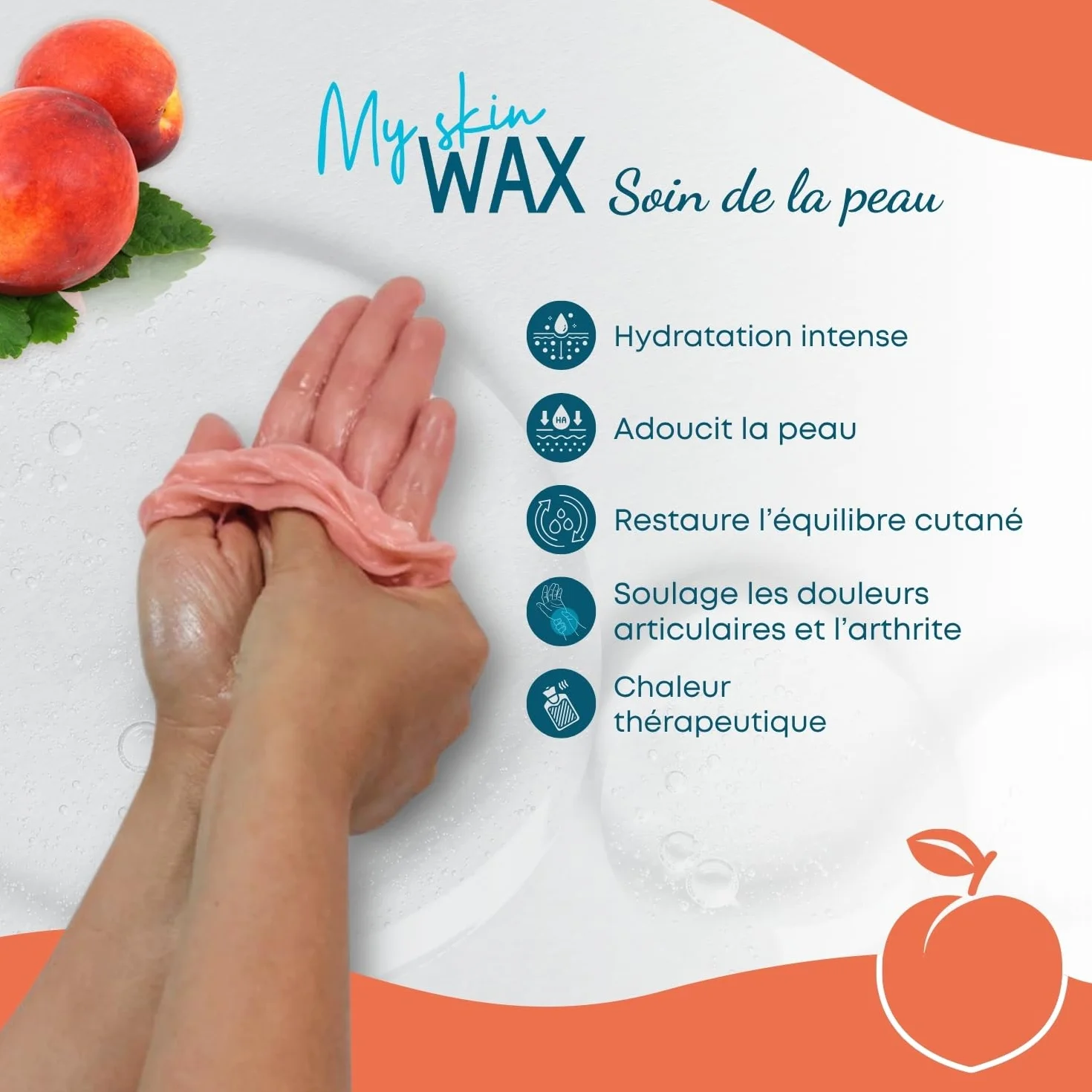 Cire de paraffine Maxi Pack, 6 blocs de 400 g (2,4 kg), parfum pèche, hydratante sans effet gras, idéale pour bains mains et pieds, soulagement arthrite, pédicure