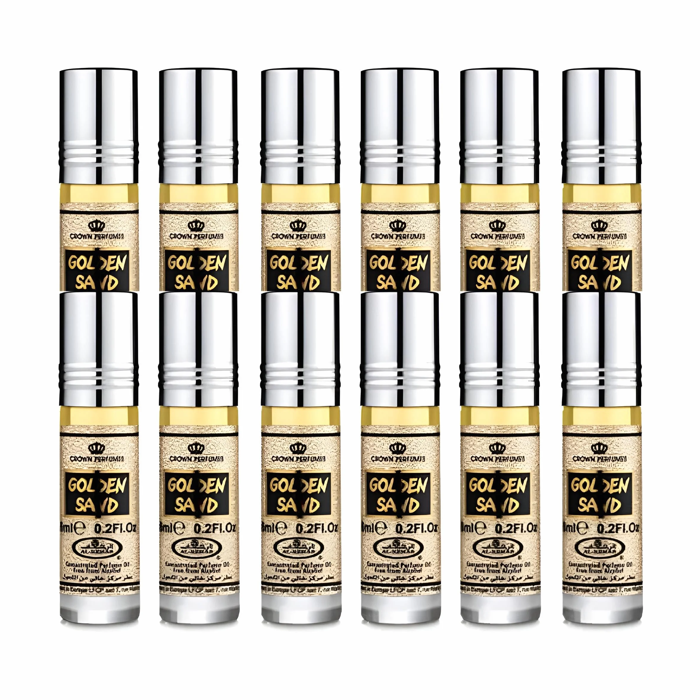 Lot de 12 Muscs Parfum GOLDEN SAND Al Rehab 6 ml Gourmand Sucré Vanille Caramel Sans Alcool – Huile de Parfum Orientale pour Femme et Homme