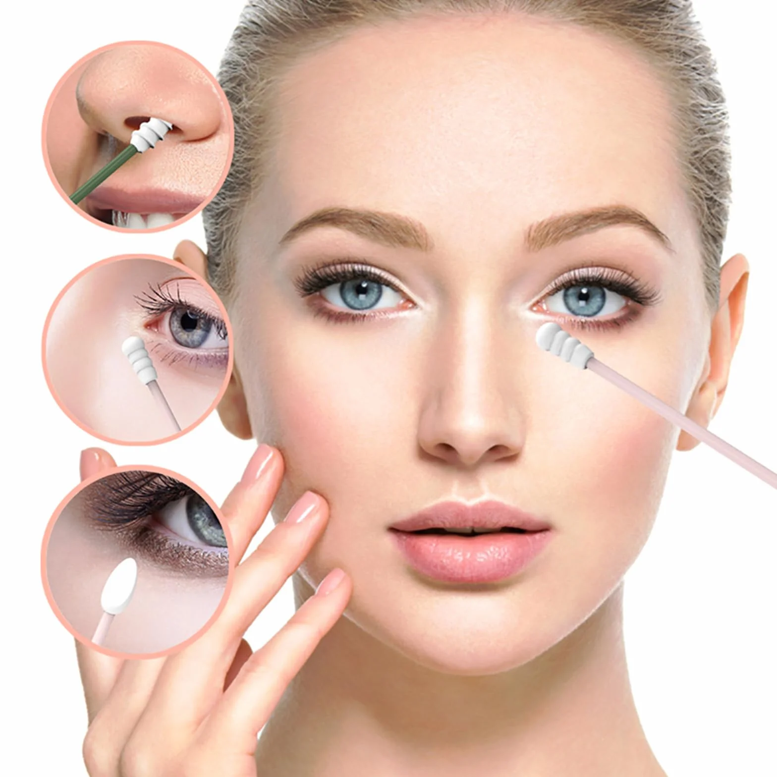 Lot de 4 Coton Tige Réutilisable Double Tête en Silicone Doux Lavable avec Étui pour Nettoyage des Oreilles et Maquillage