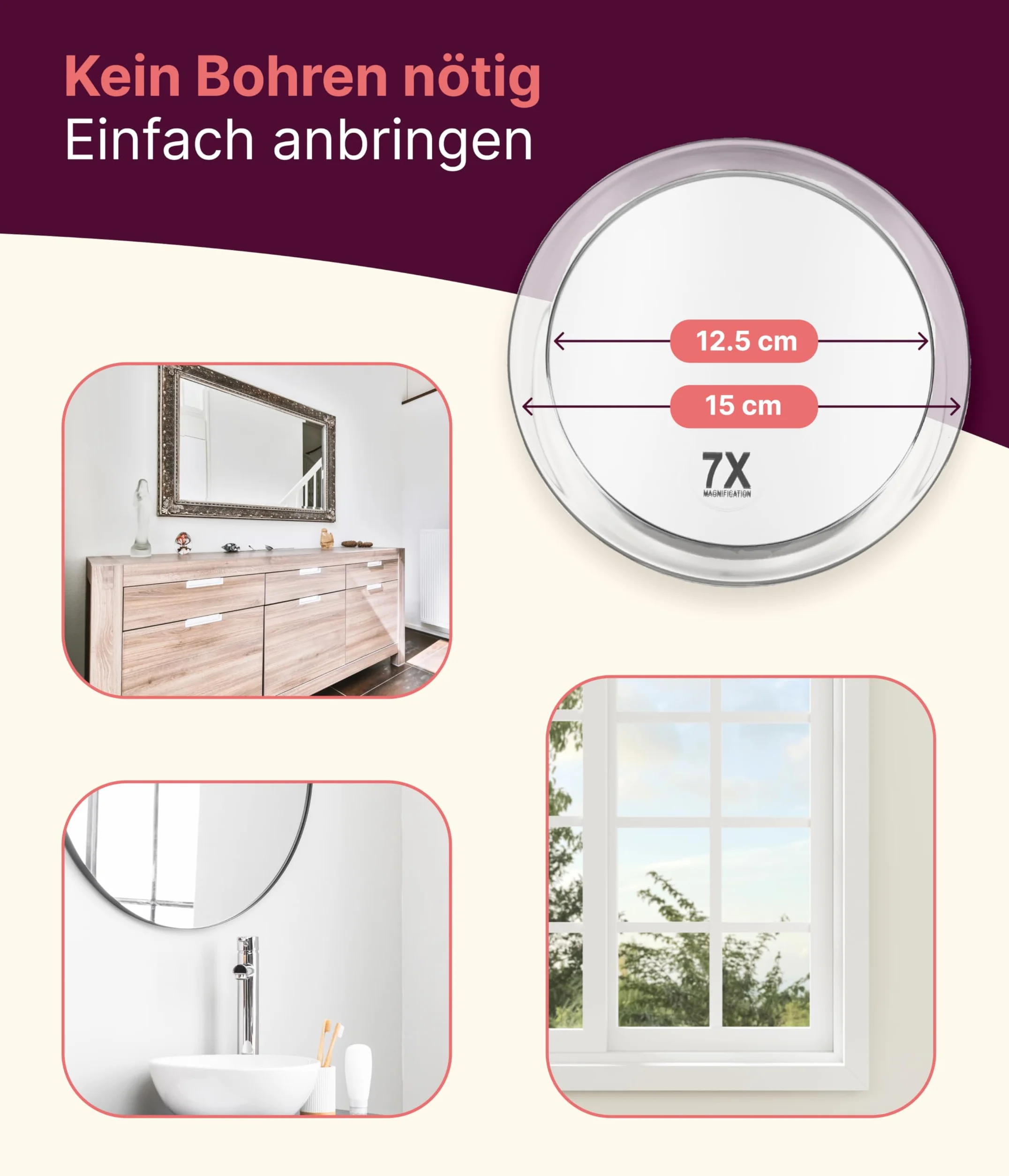 Miroir grossissant 15 cm 2 ventouses Plastique