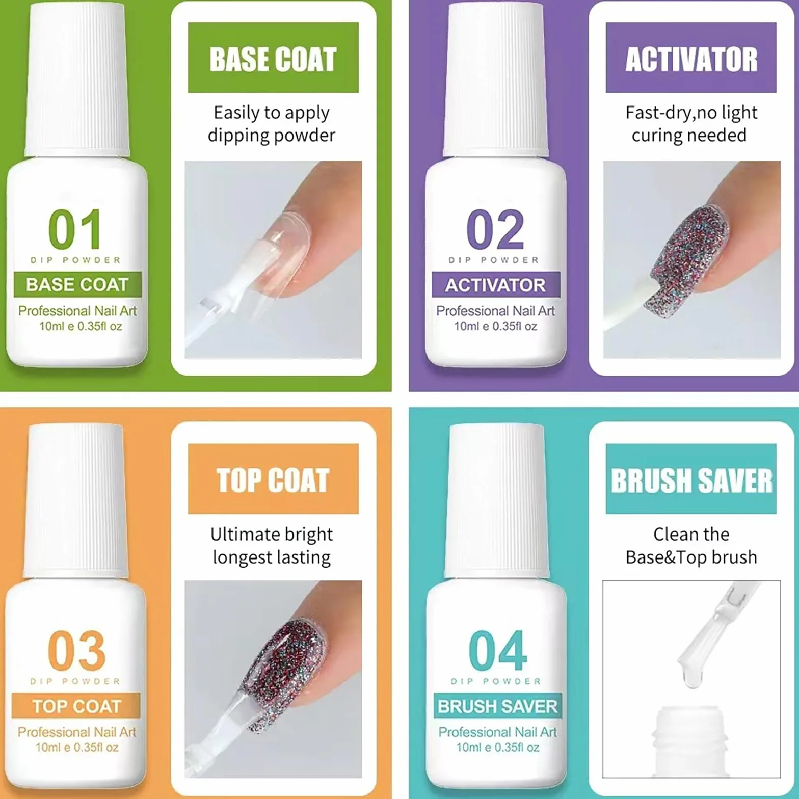 Kit Dip Powder 8 Couleurs Manucure Professionnel avec Activateur Base Top Coat French Set 02