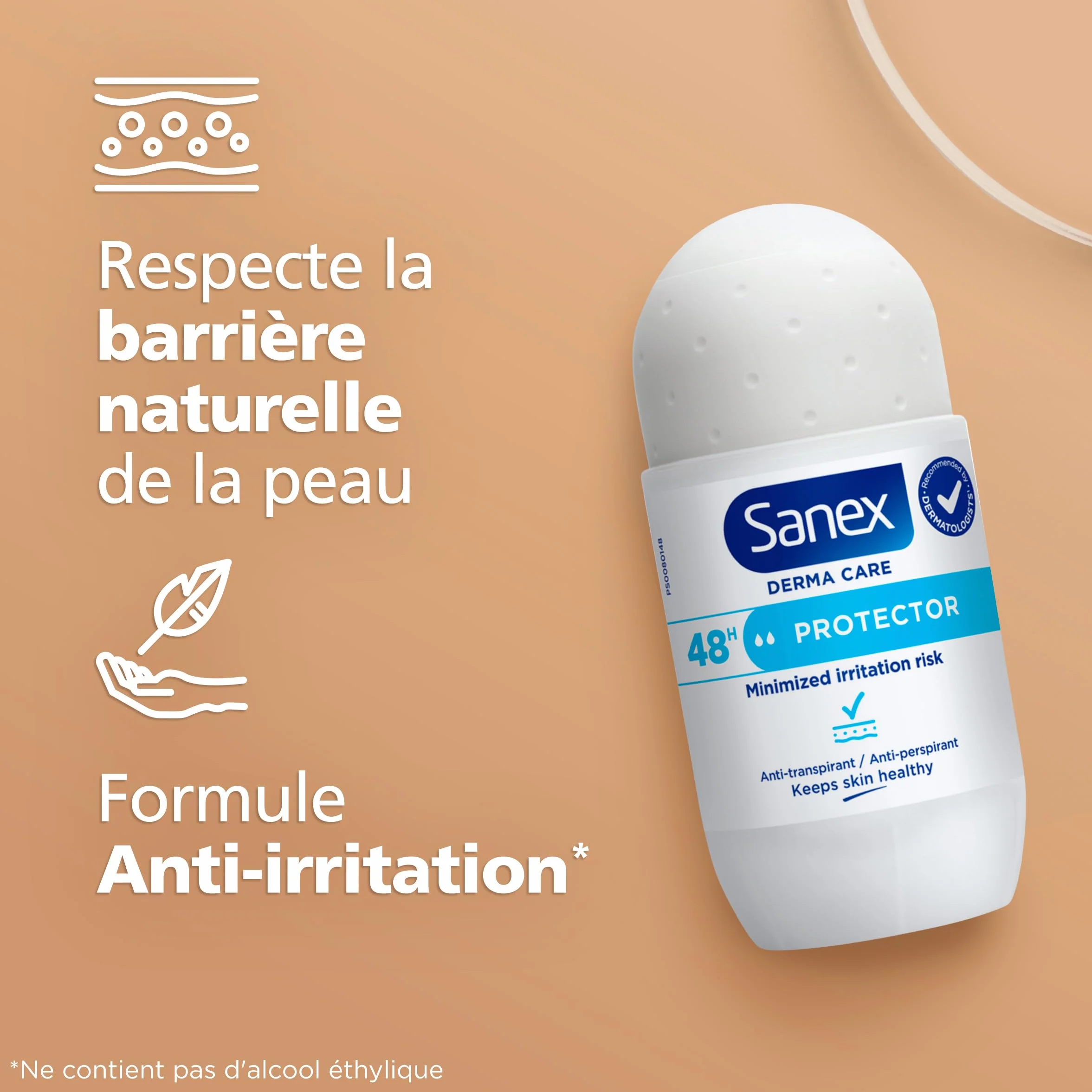 SANEX -Derma Care Protector 48 h Déodorant Bille Anti-transpirant 53 ml –fraîcheur longue durée contre la transpiration et les mauvaises odeurs – respecte la peau– ne contient pas d’alcool*