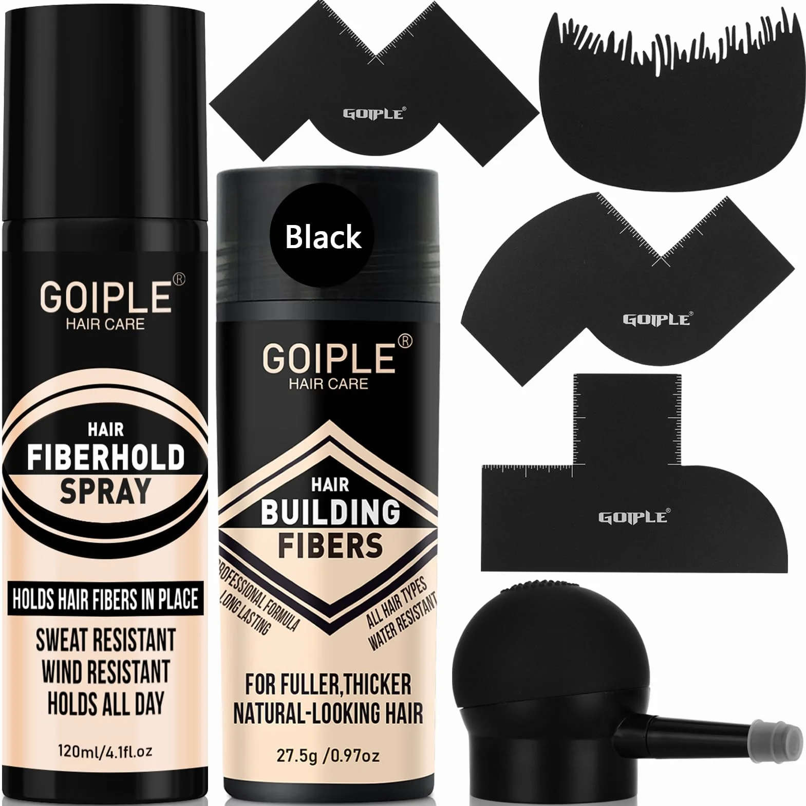 Fibre Capillaire Noir, Fibres Capillaires avec Applicateur en Spray, poudre densifiante cheveux homme pour Augmente le Volume & Carte d’amélioration du barbier(Noir)
