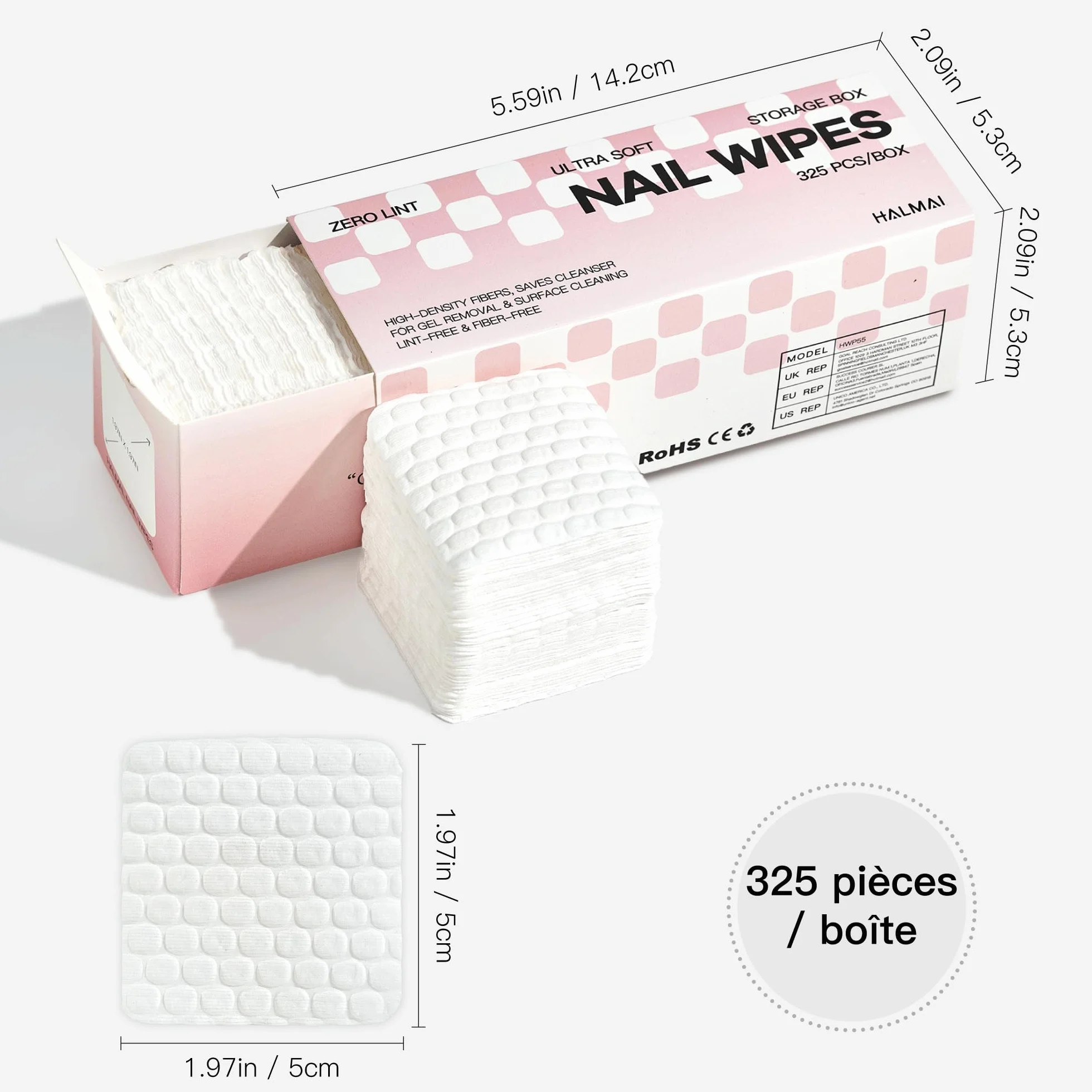 HALMAI Lingettes Ongles Sans Peluches Sans Acétone Compatibles Acétone Tampons Dissolvant Water-Lock Haute Absorption Retrait Ongles Gel Acrylique